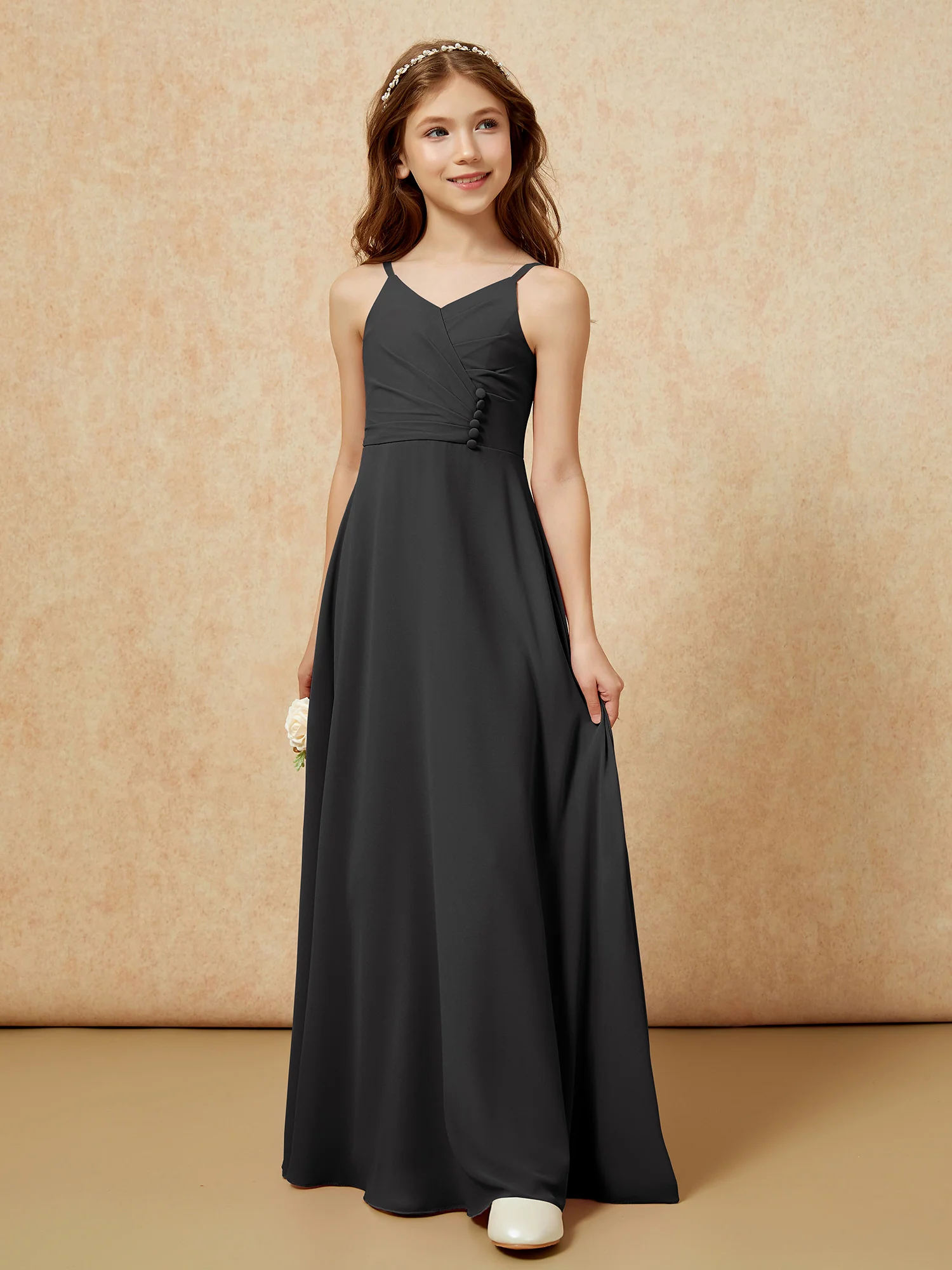 V-neck Pleated Chiffon Long Junior Bridesmaid Dresses Black - Image 5