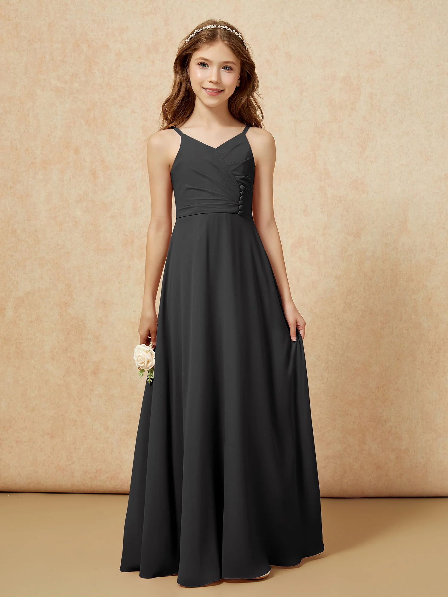 V-neck Pleated Chiffon Long Junior Bridesmaid Dresses Black - Image 6