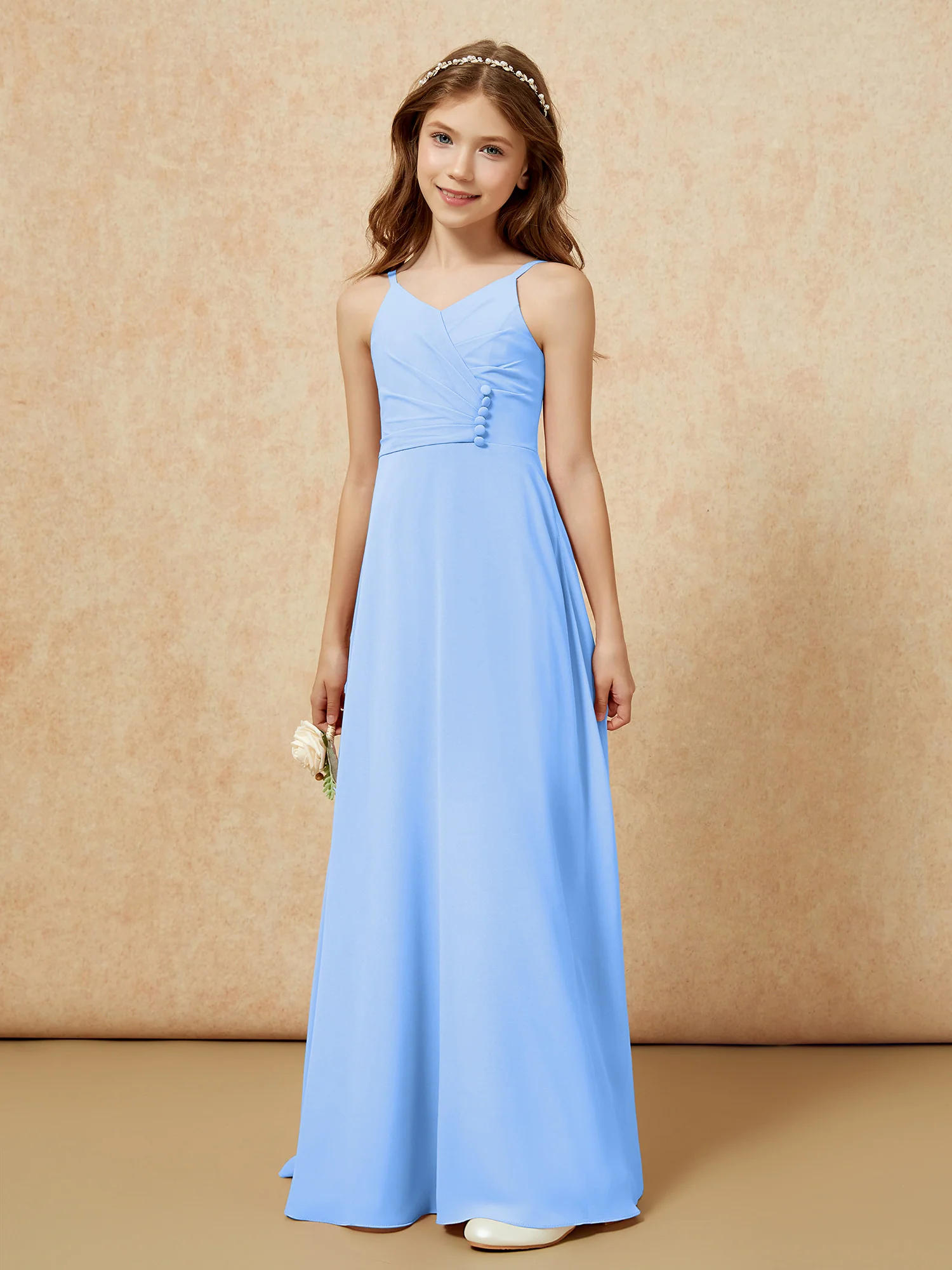 V-neck Pleated Chiffon Long Junior Bridesmaid Dresses Blue