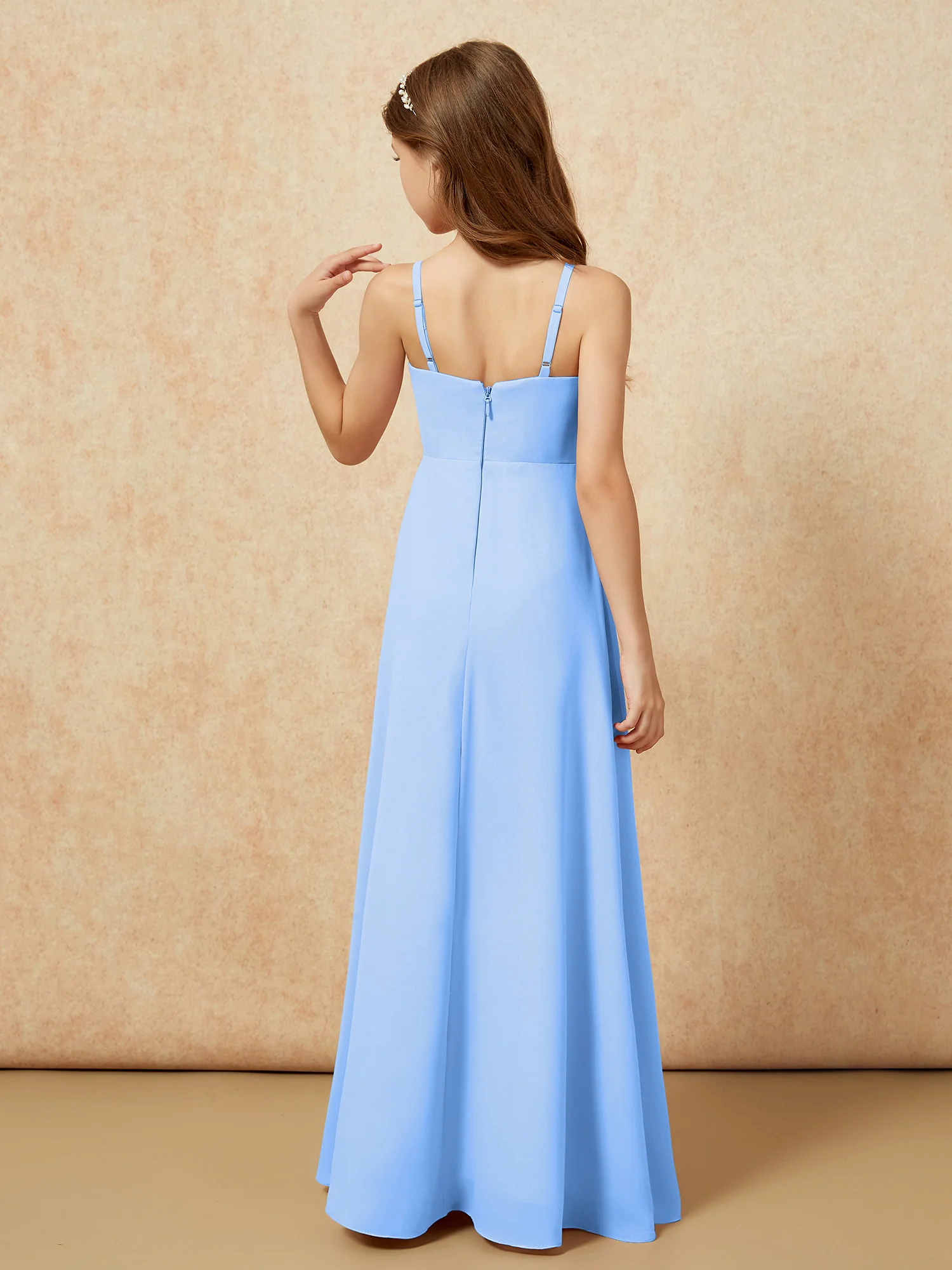 V-neck Pleated Chiffon Long Junior Bridesmaid Dresses Blue - Image 2