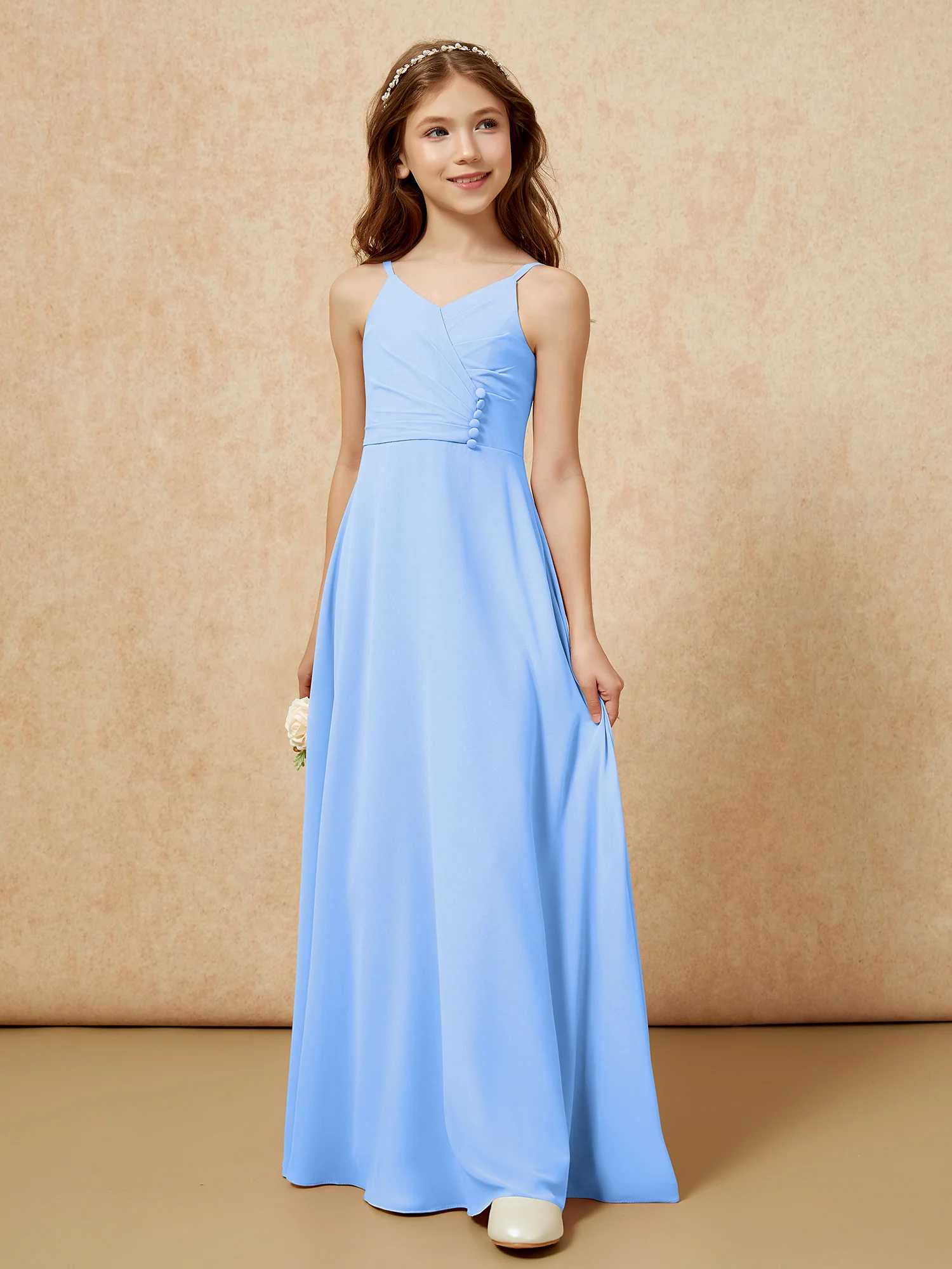 V-neck Pleated Chiffon Long Junior Bridesmaid Dresses Blue - Image 5