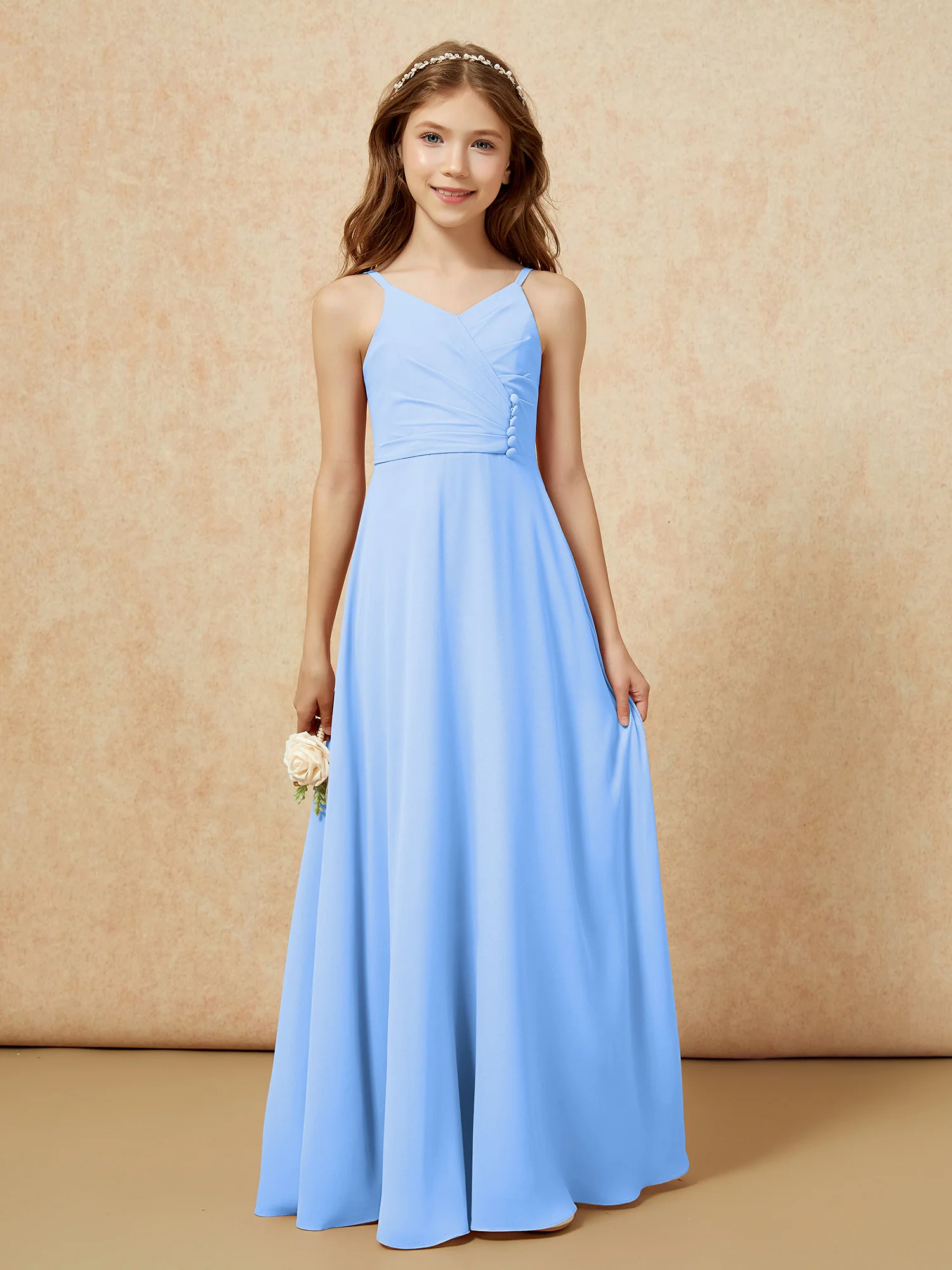 V-neck Pleated Chiffon Long Junior Bridesmaid Dresses Blue - Image 6