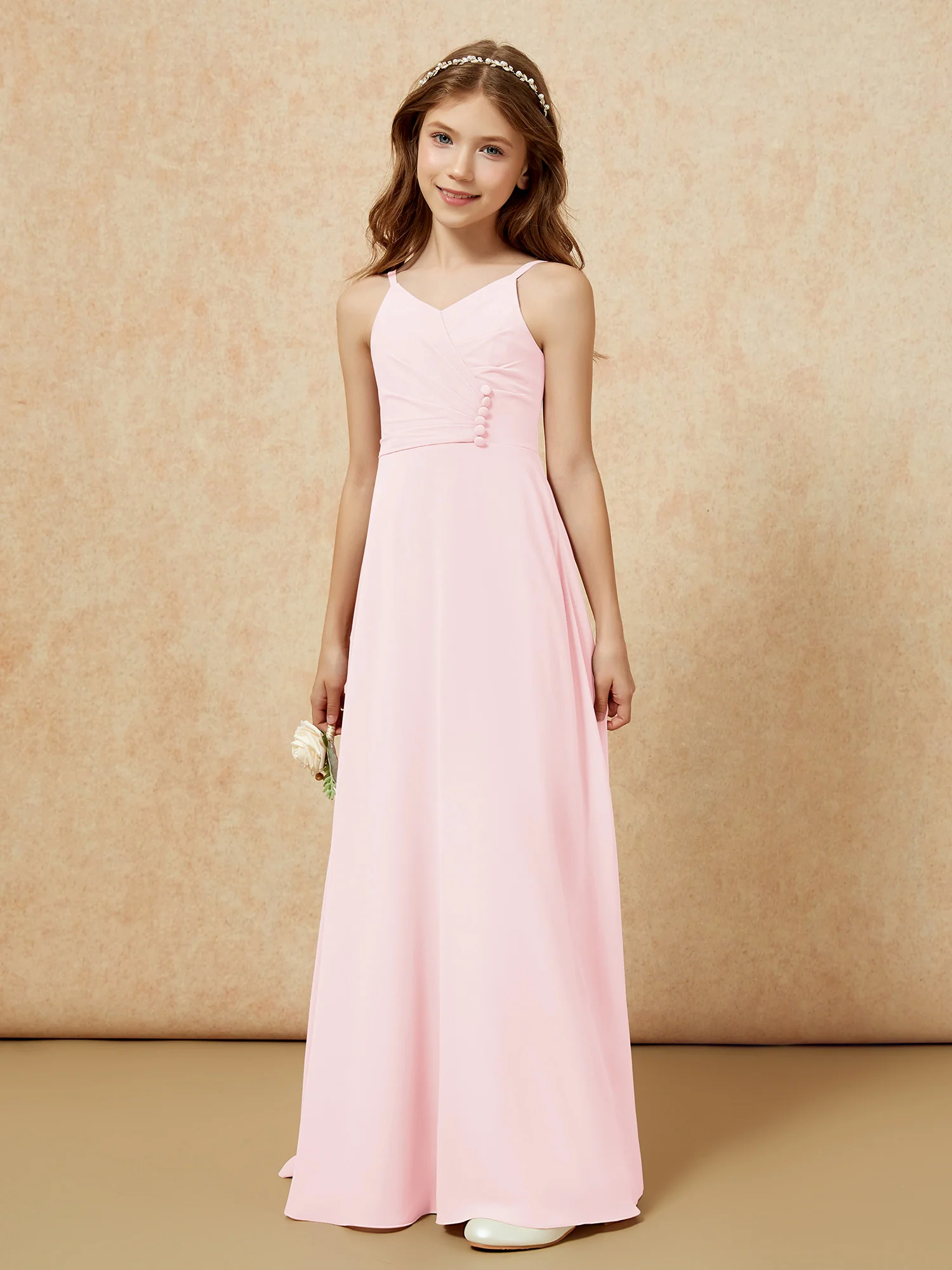 V-neck Pleated Chiffon Long Junior Bridesmaid Dresses Blushing Pink