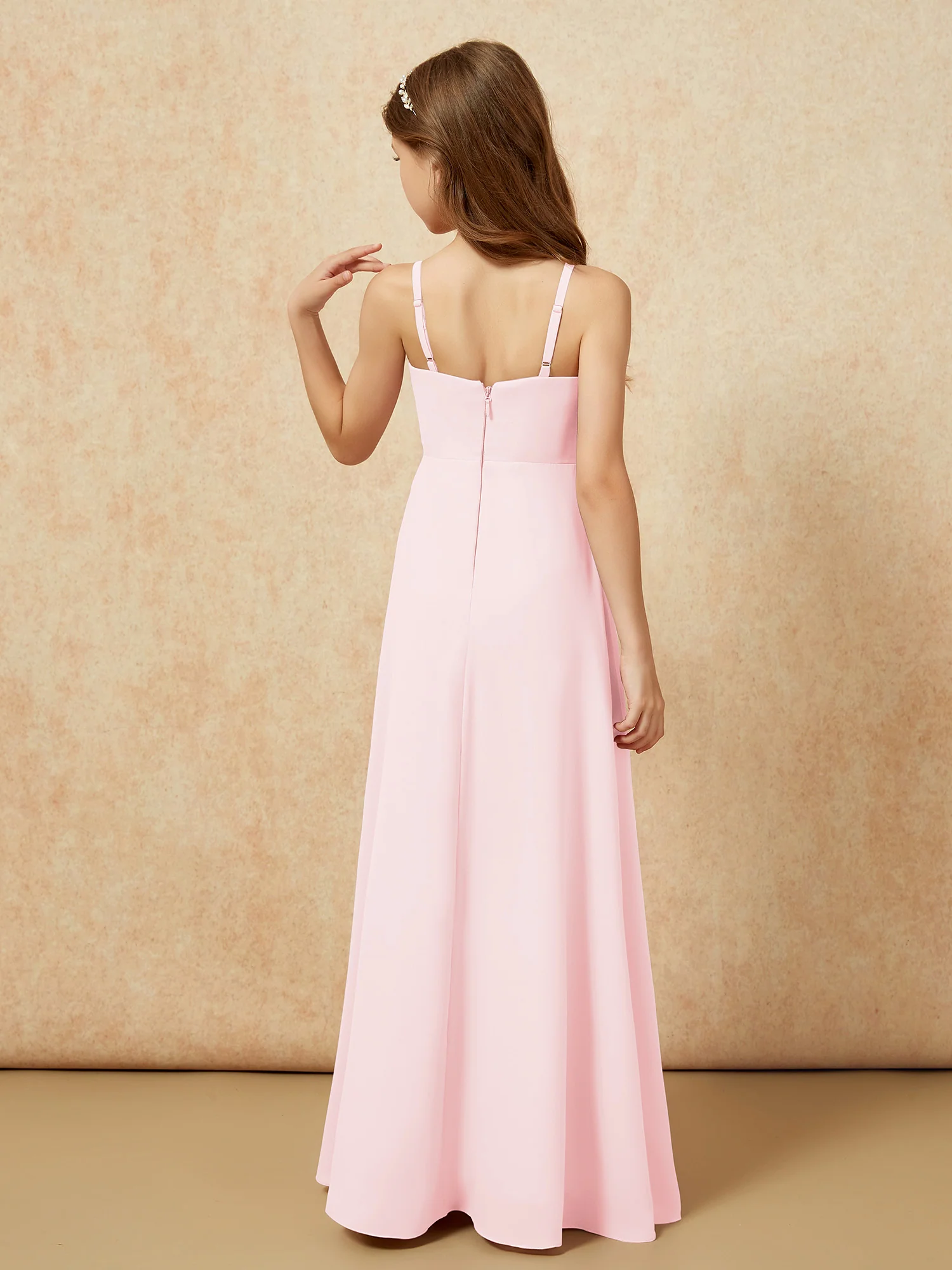 V-neck Pleated Chiffon Long Junior Bridesmaid Dresses Blushing Pink - Image 2