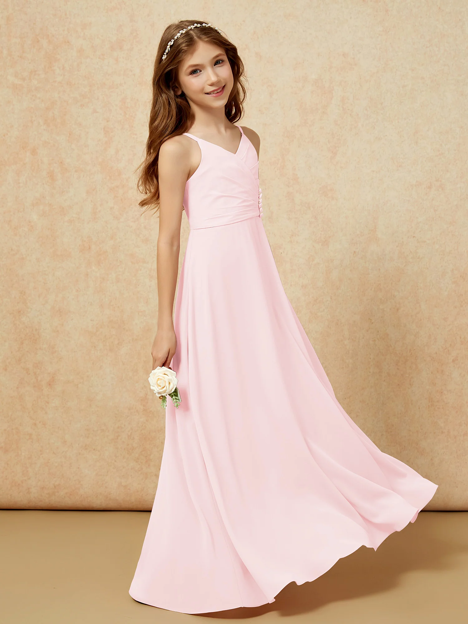 V-neck Pleated Chiffon Long Junior Bridesmaid Dresses Blushing Pink - Image 3