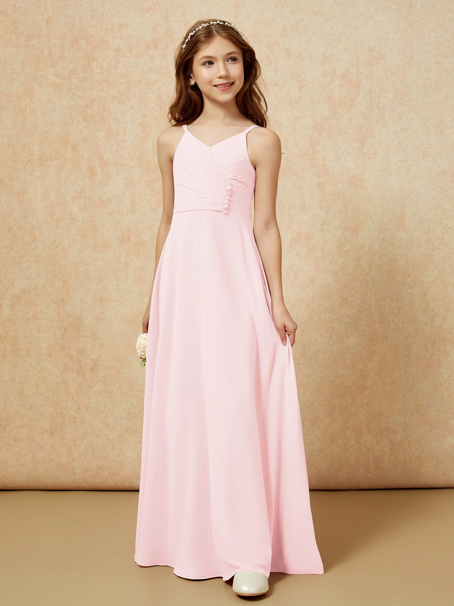V-neck Pleated Chiffon Long Junior Bridesmaid Dresses Blushing Pink - Image 5