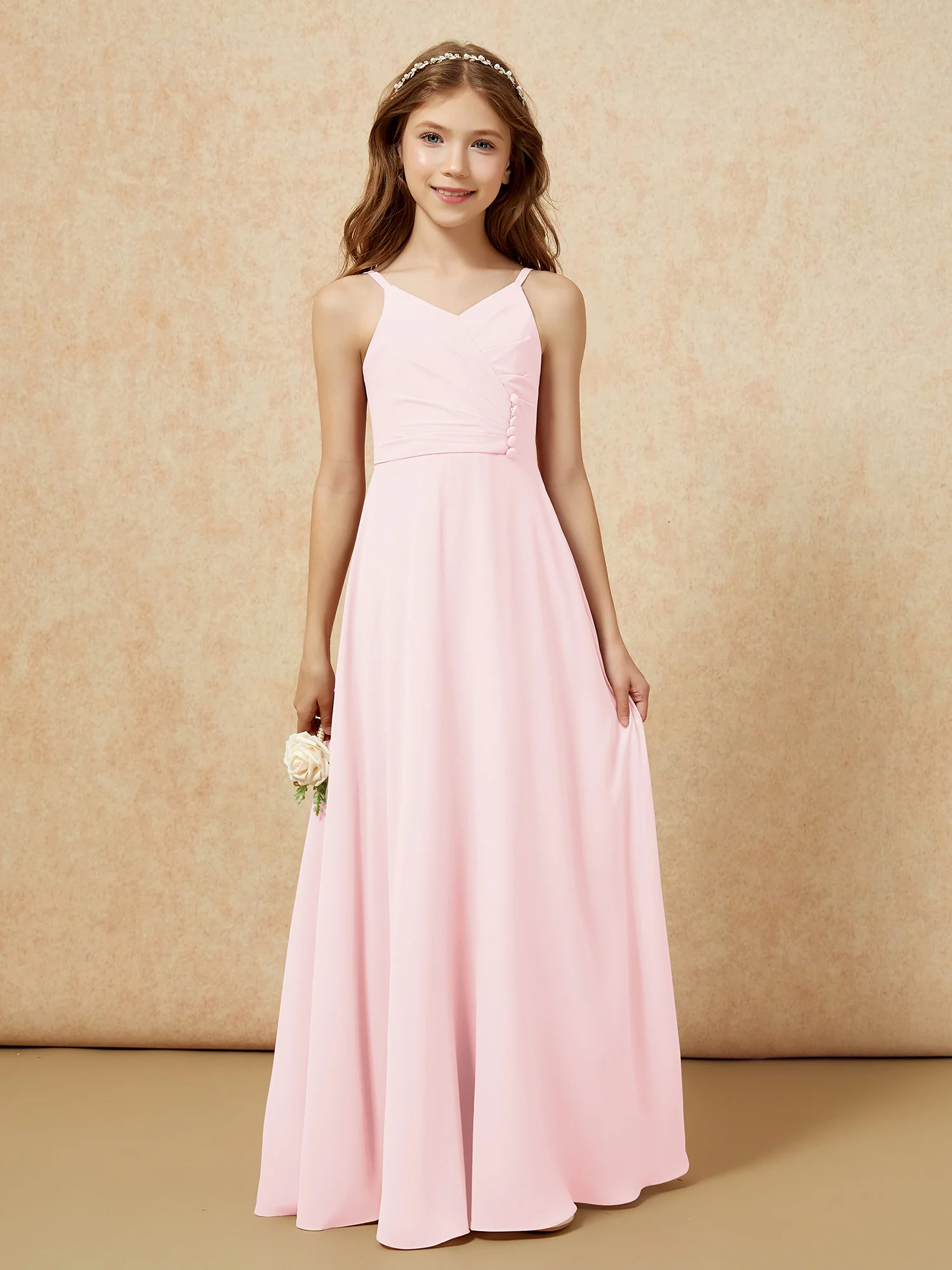 V-neck Pleated Chiffon Long Junior Bridesmaid Dresses Blushing Pink - Image 6