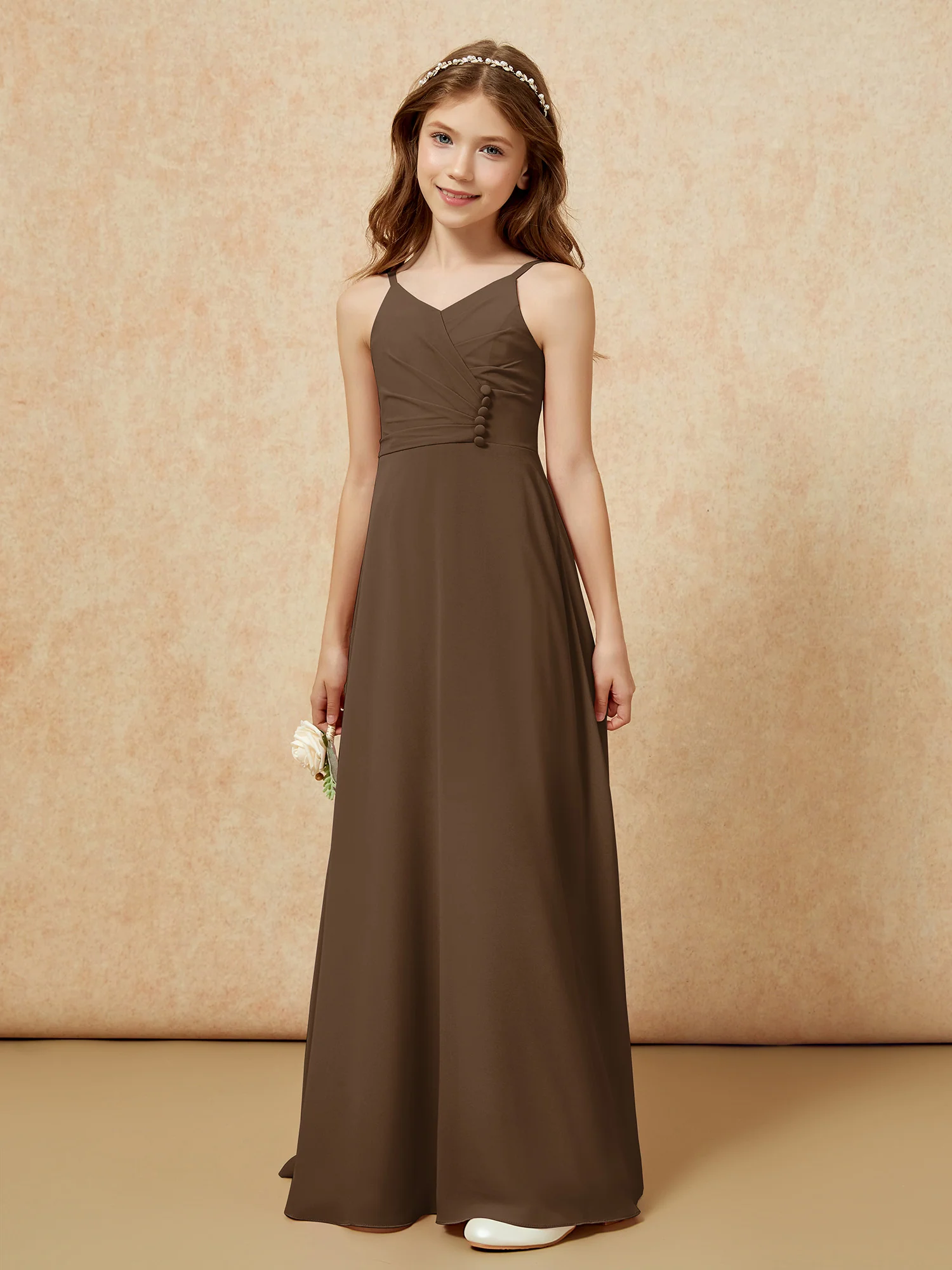 V-neck Pleated Chiffon Long Junior Bridesmaid Dresses Brown