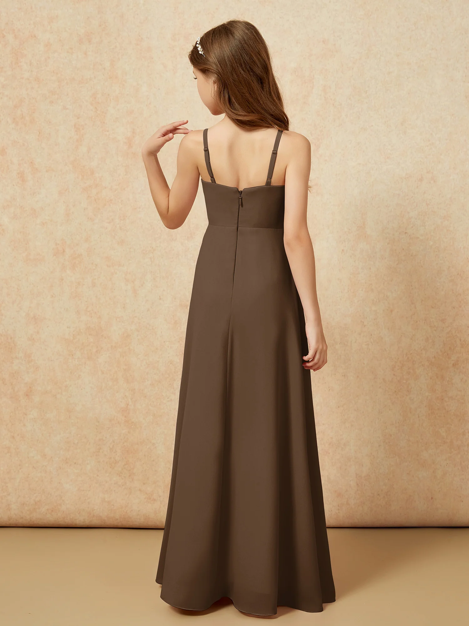V-neck Pleated Chiffon Long Junior Bridesmaid Dresses Brown - Image 2