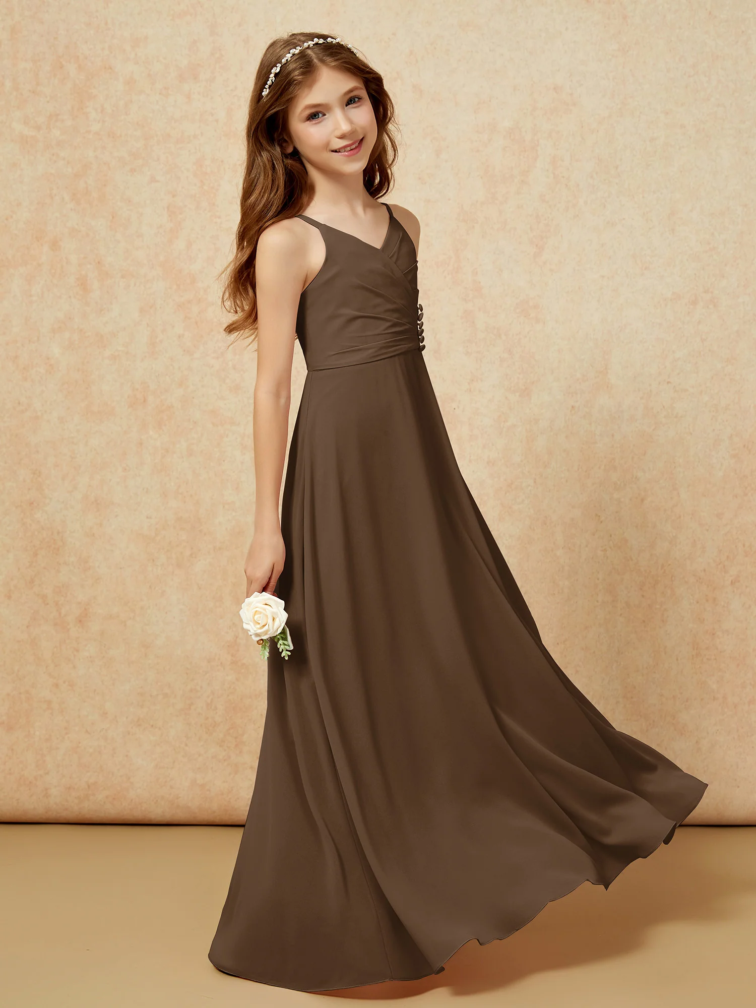 V-neck Pleated Chiffon Long Junior Bridesmaid Dresses Brown - Image 3