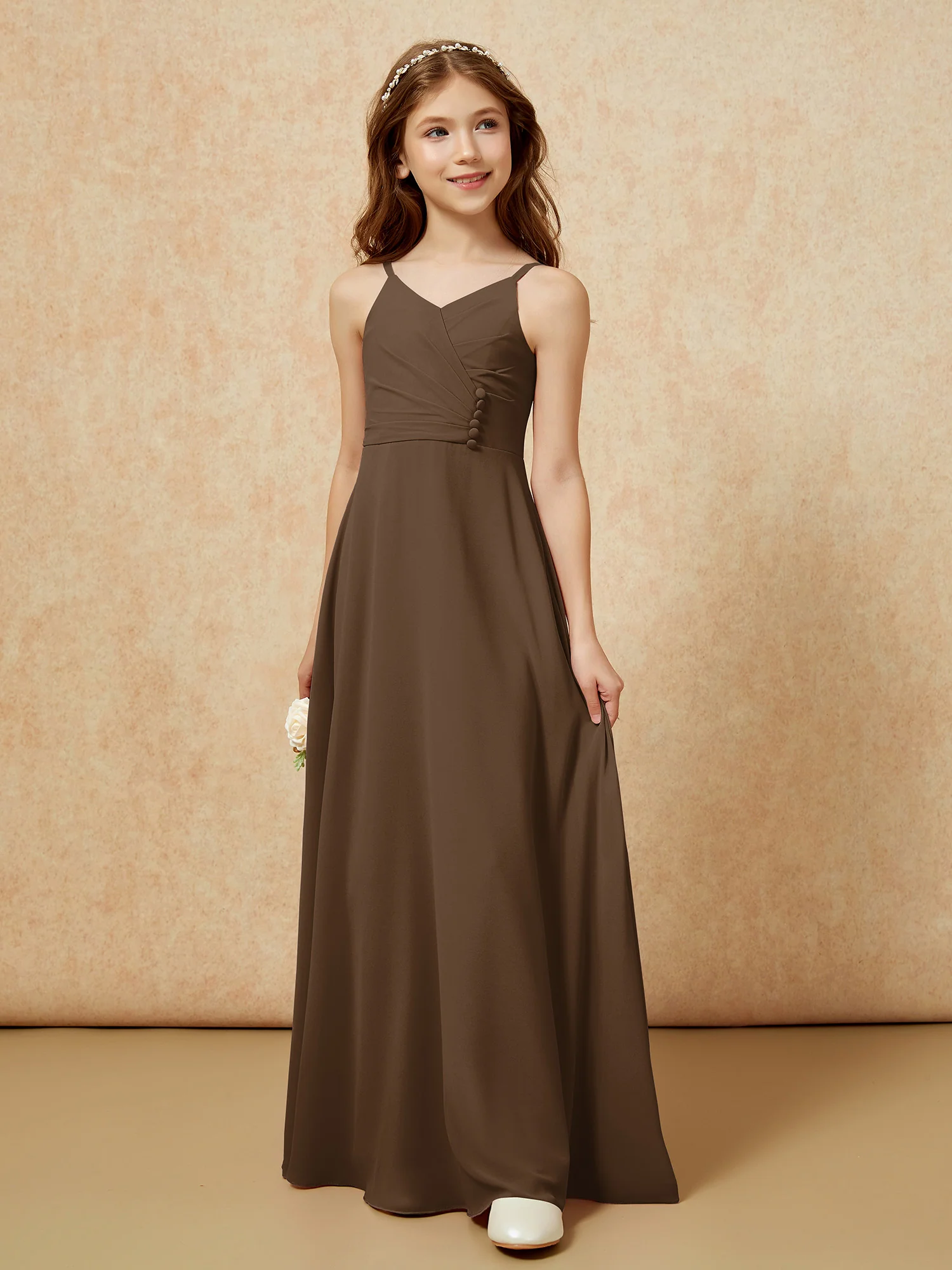 V-neck Pleated Chiffon Long Junior Bridesmaid Dresses Brown - Image 5