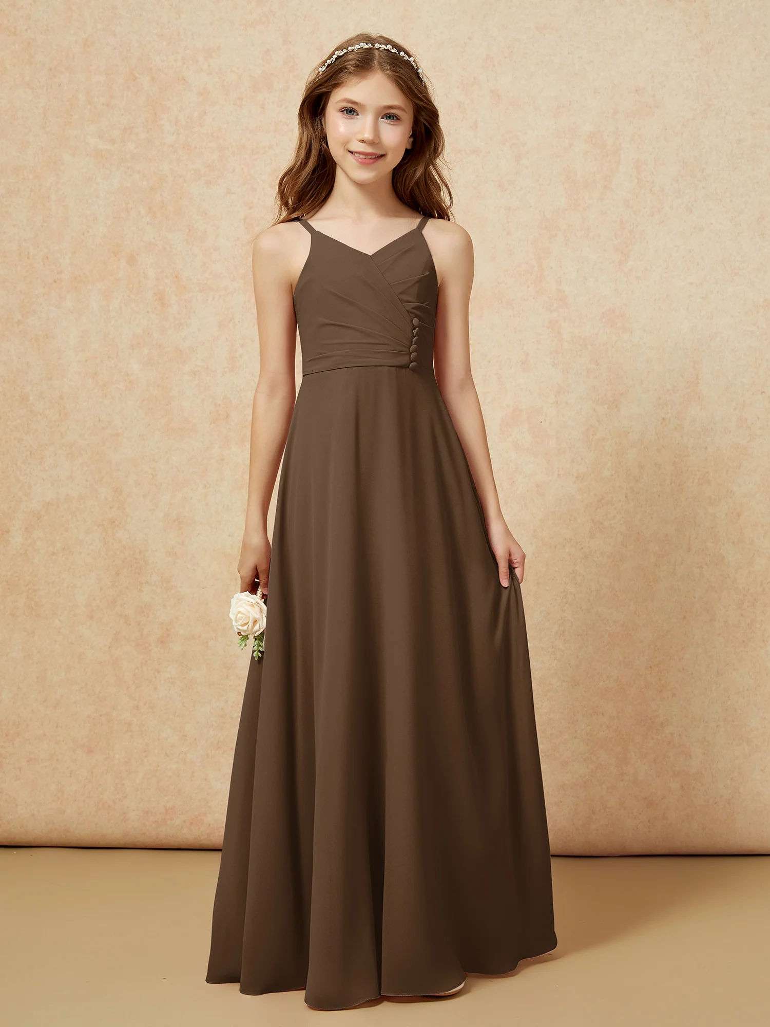 V-neck Pleated Chiffon Long Junior Bridesmaid Dresses Brown - Image 6