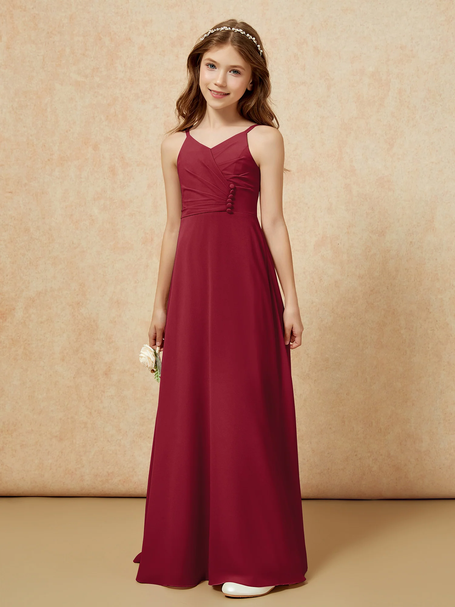 V-neck Pleated Chiffon Long Junior Bridesmaid Dresses Burgundy