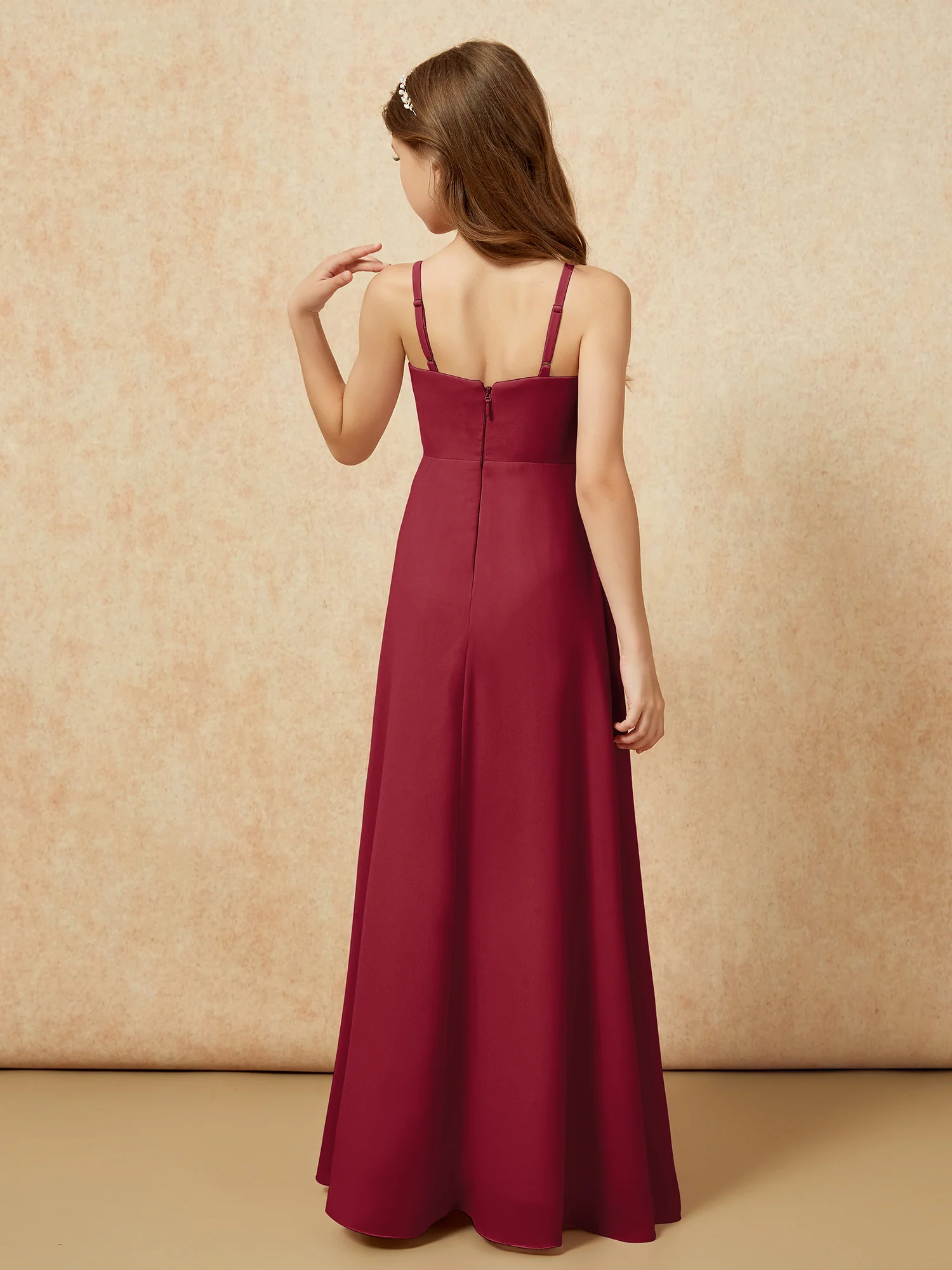 V-neck Pleated Chiffon Long Junior Bridesmaid Dresses Burgundy - Image 2