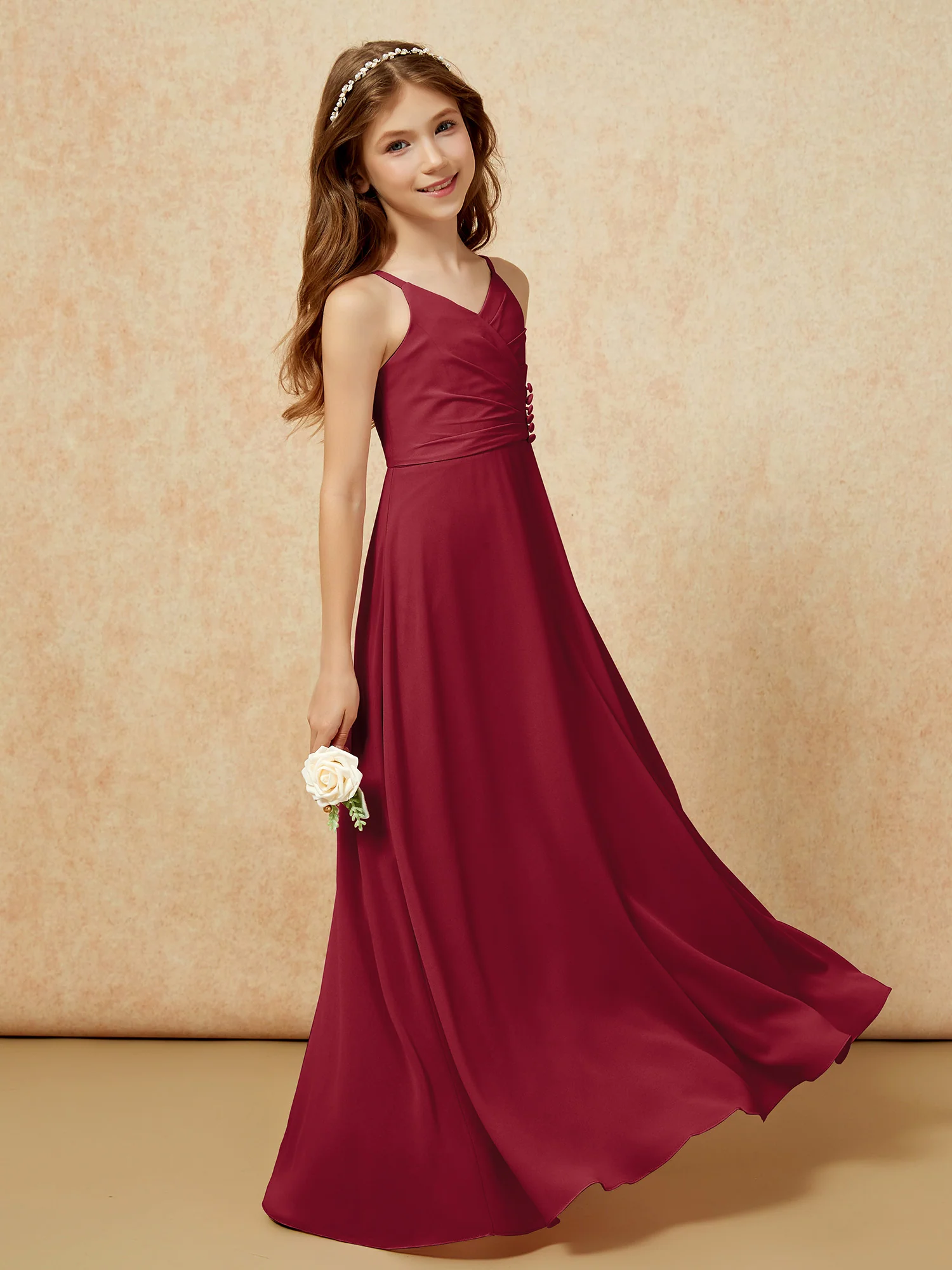 V-neck Pleated Chiffon Long Junior Bridesmaid Dresses Burgundy - Image 3