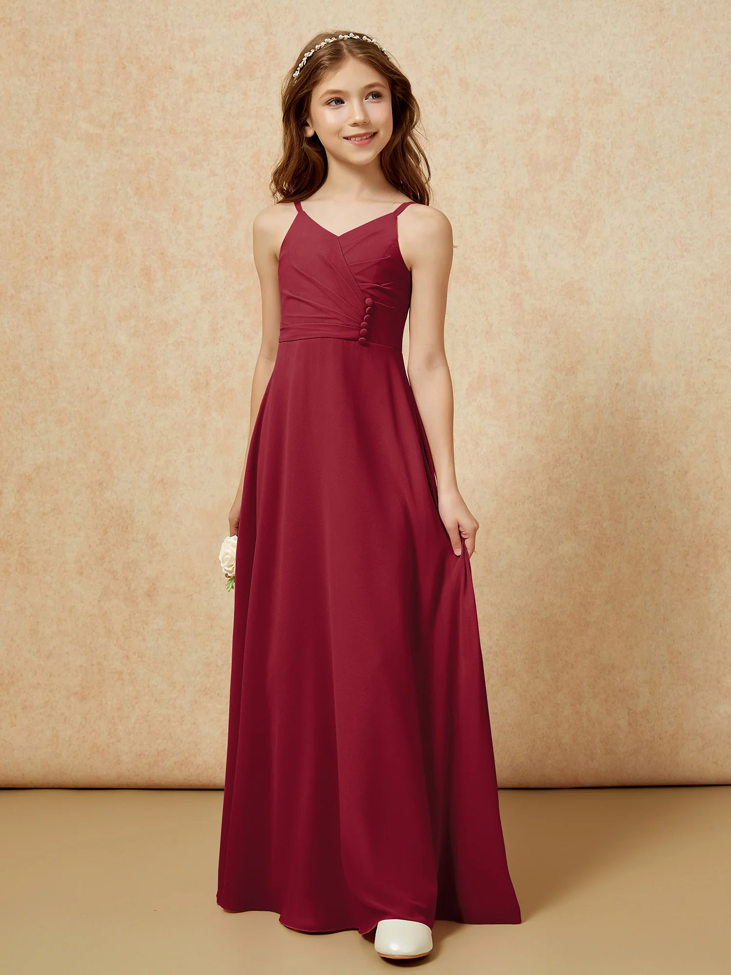 V-neck Pleated Chiffon Long Junior Bridesmaid Dresses Burgundy - Image 5