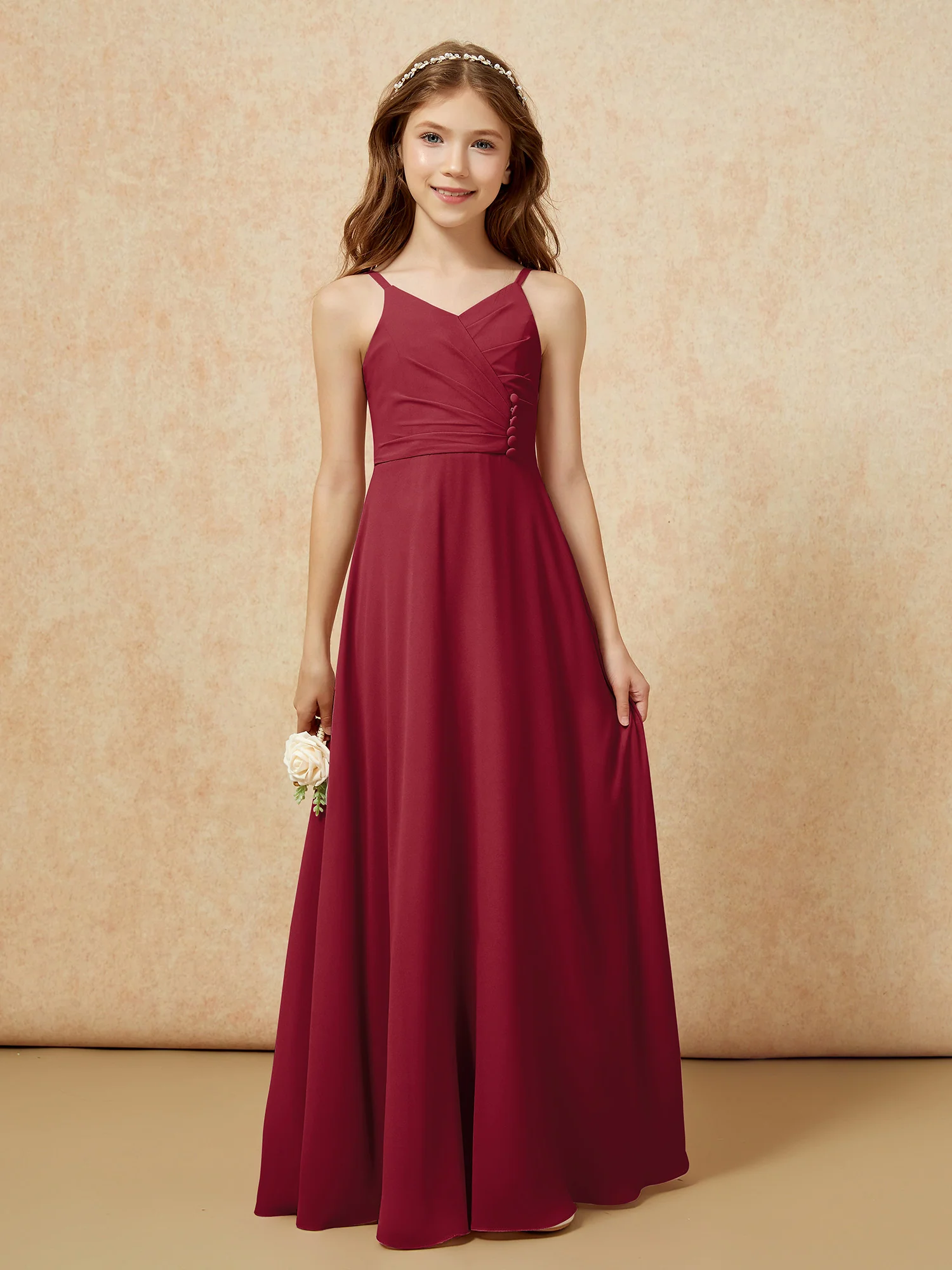 V-neck Pleated Chiffon Long Junior Bridesmaid Dresses Burgundy - Image 6