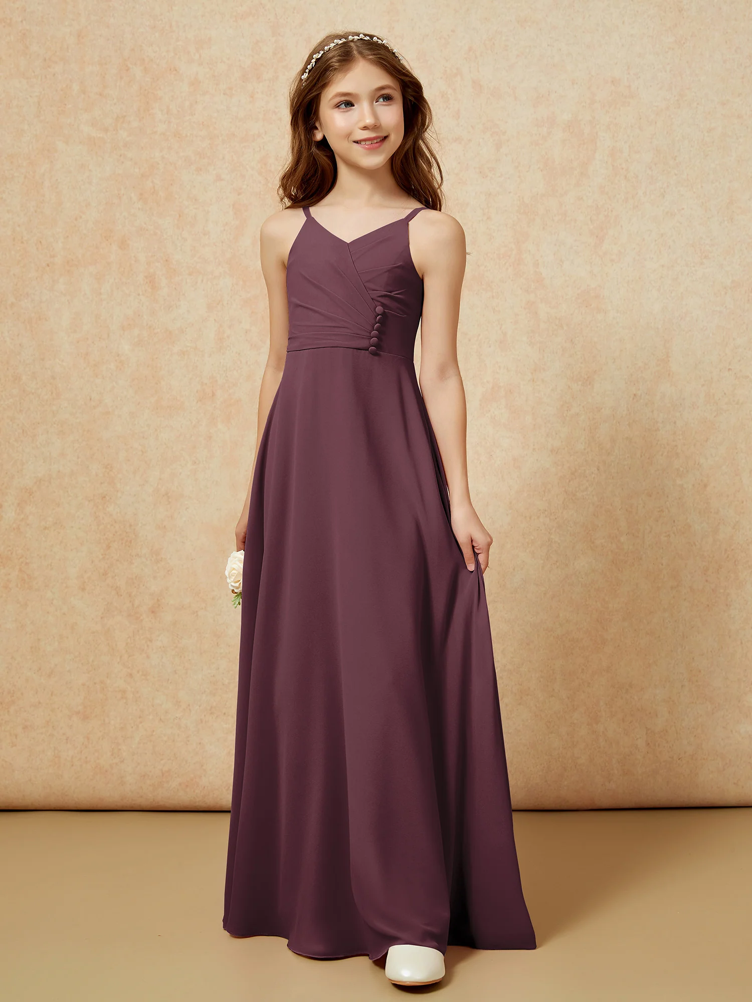 V-neck Pleated Chiffon Long Junior Bridesmaid Dresses Cabernet - Image 5