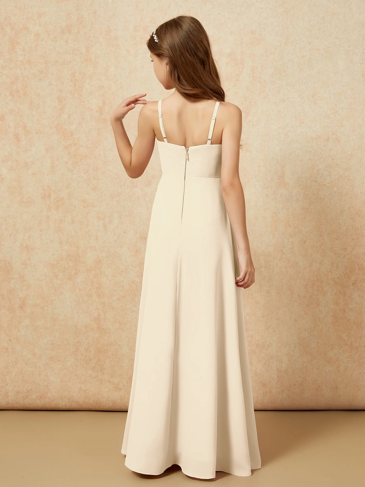 V-neck Pleated Chiffon Long Junior Bridesmaid Dresses Champagne - Image 2
