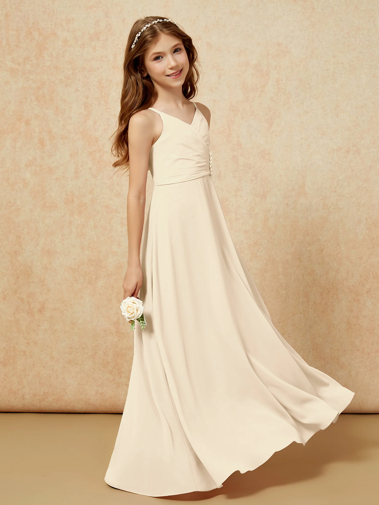 V-neck Pleated Chiffon Long Junior Bridesmaid Dresses Champagne - Image 3
