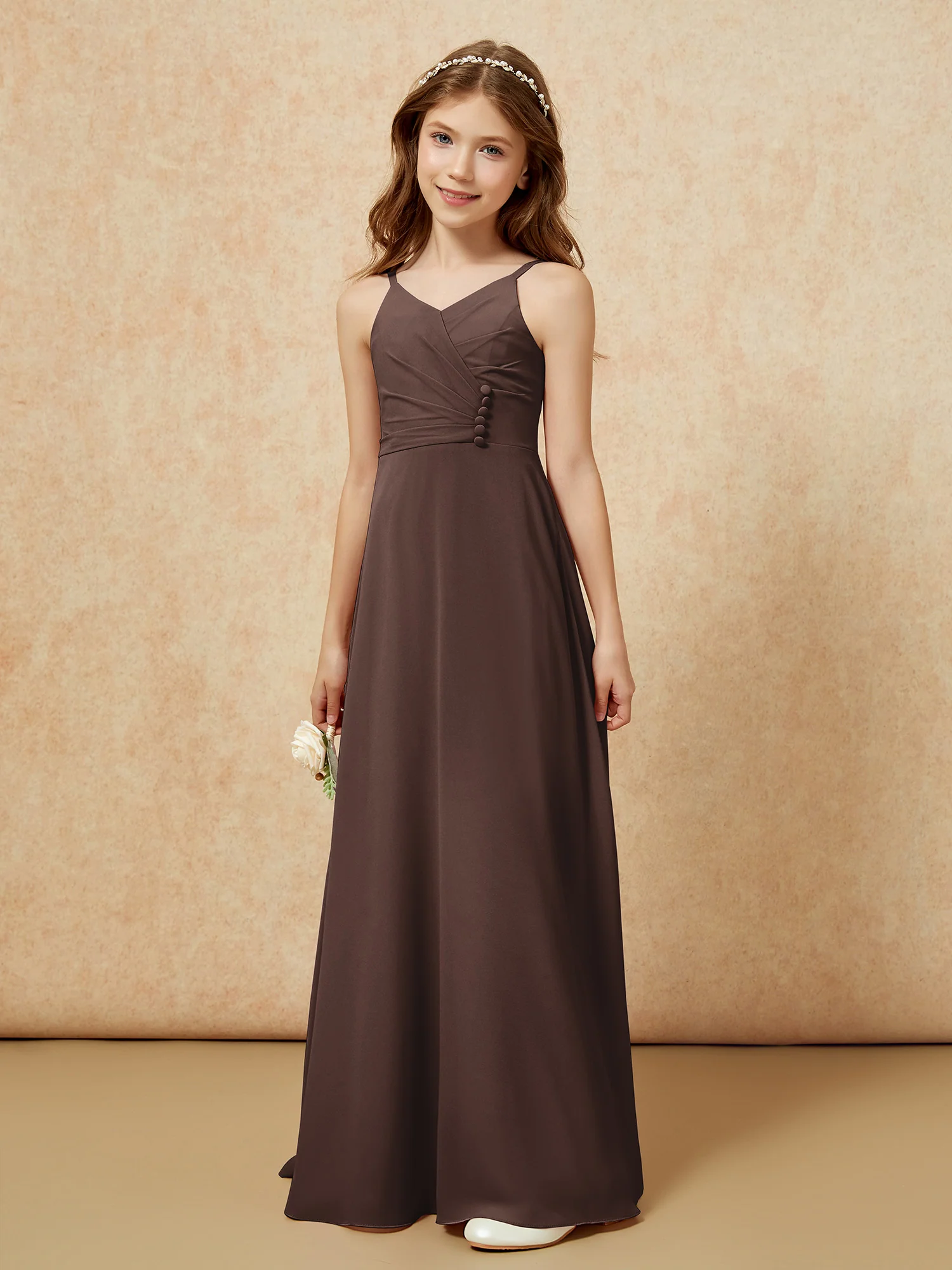 V-neck Pleated Chiffon Long Junior Bridesmaid Dresses Chocolate
