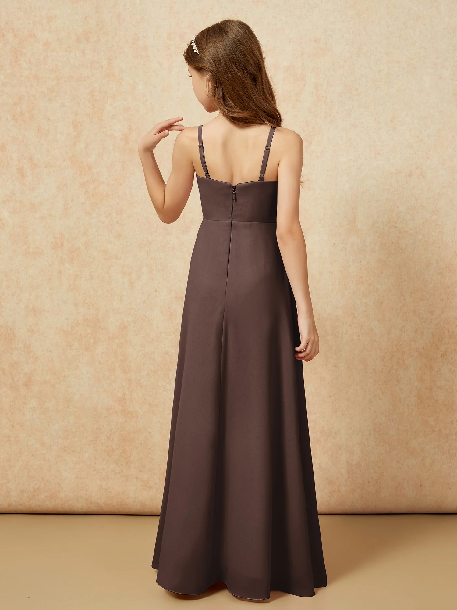 V-neck Pleated Chiffon Long Junior Bridesmaid Dresses Chocolate - Image 2