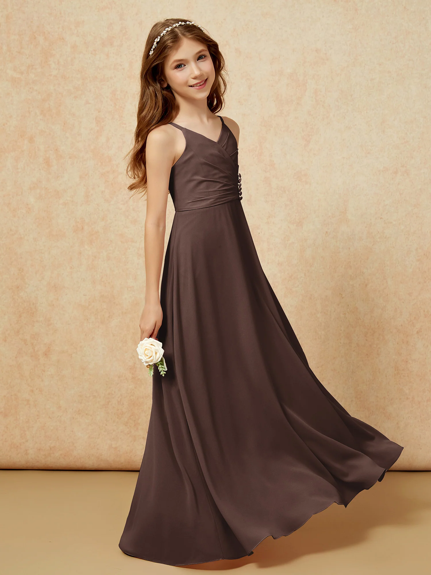 V-neck Pleated Chiffon Long Junior Bridesmaid Dresses Chocolate - Image 3