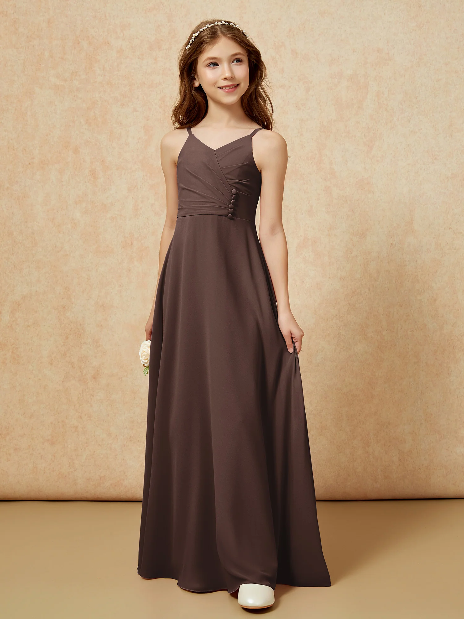 V-neck Pleated Chiffon Long Junior Bridesmaid Dresses Chocolate - Image 5