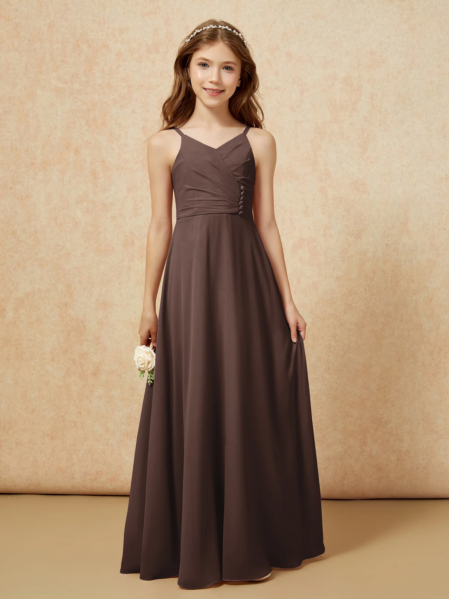 V-neck Pleated Chiffon Long Junior Bridesmaid Dresses Chocolate - Image 6