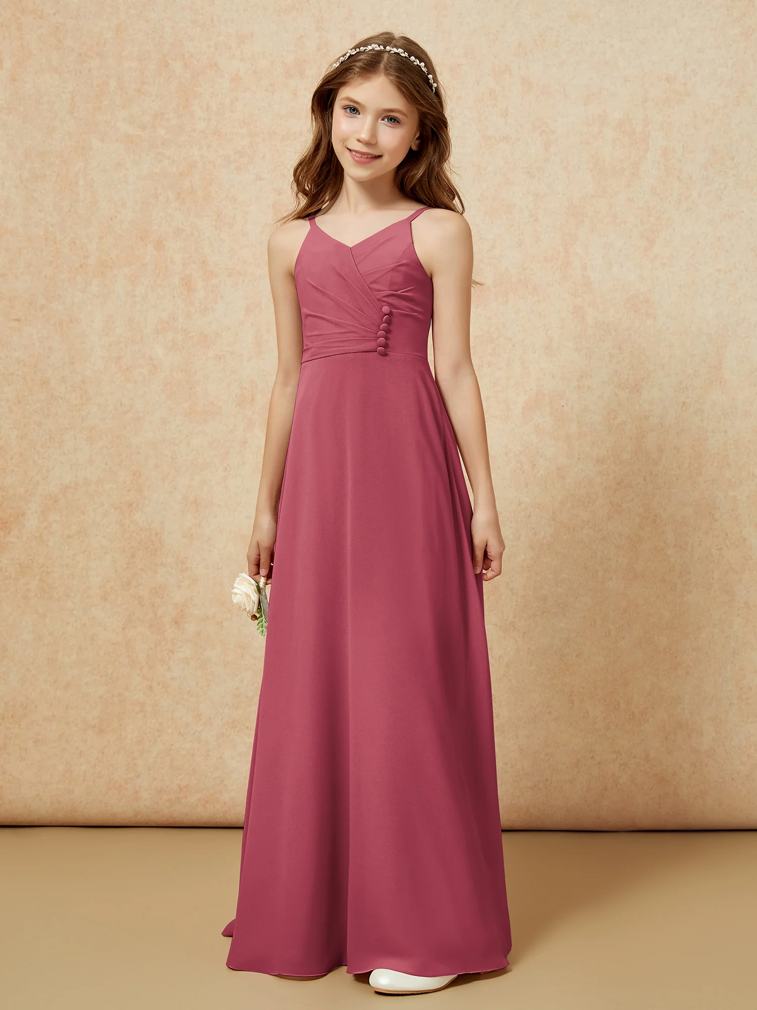 V-neck Pleated Chiffon Long Junior Bridesmaid Dresses Cinnamon Rose