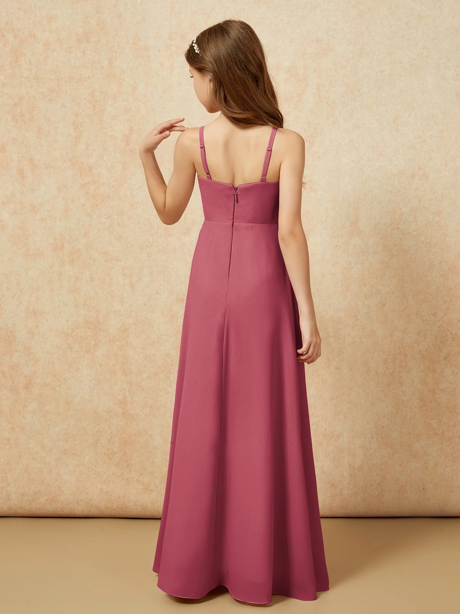 V-neck Pleated Chiffon Long Junior Bridesmaid Dresses Cinnamon Rose - Image 2