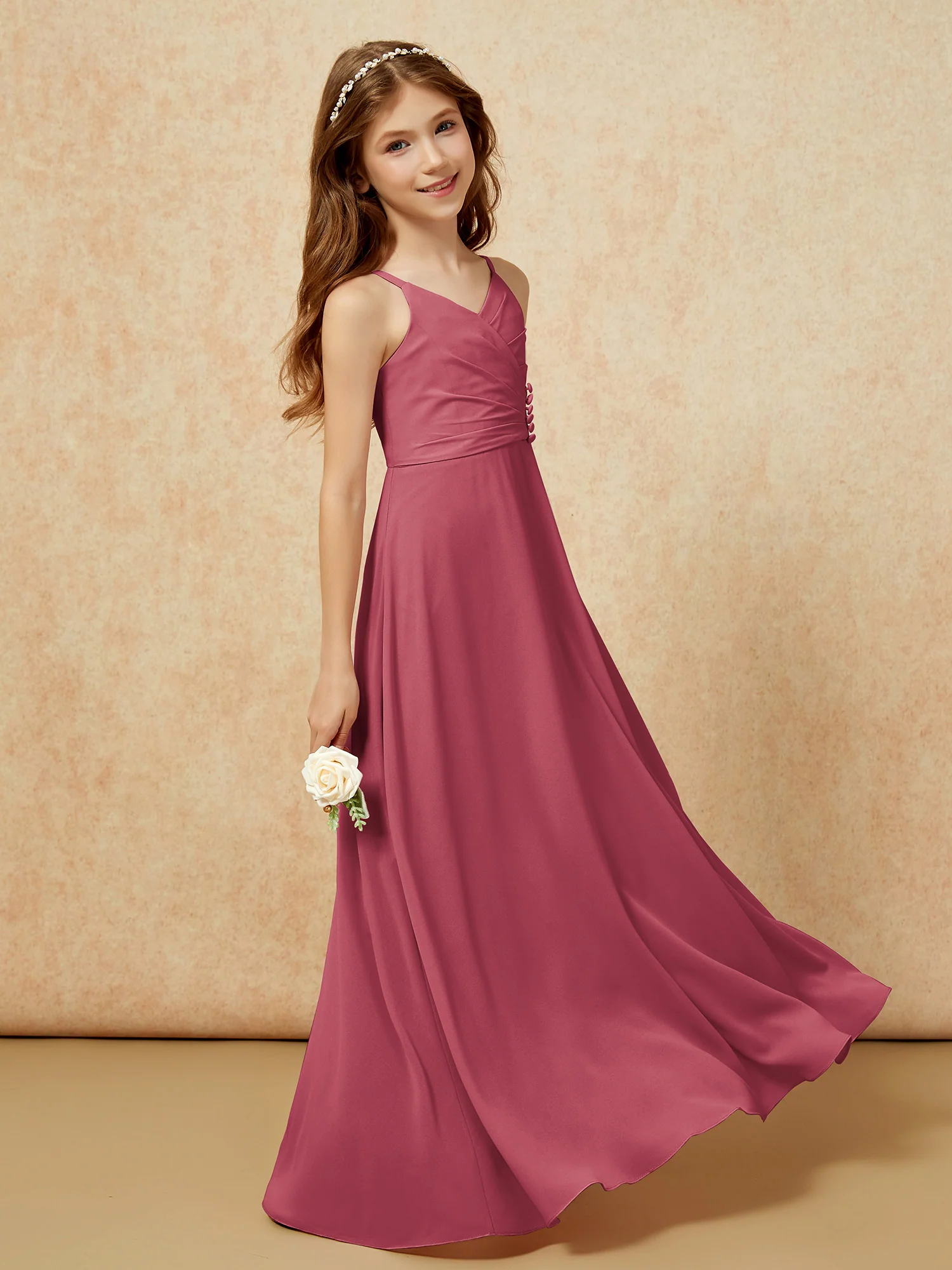 V-neck Pleated Chiffon Long Junior Bridesmaid Dresses Cinnamon Rose - Image 3