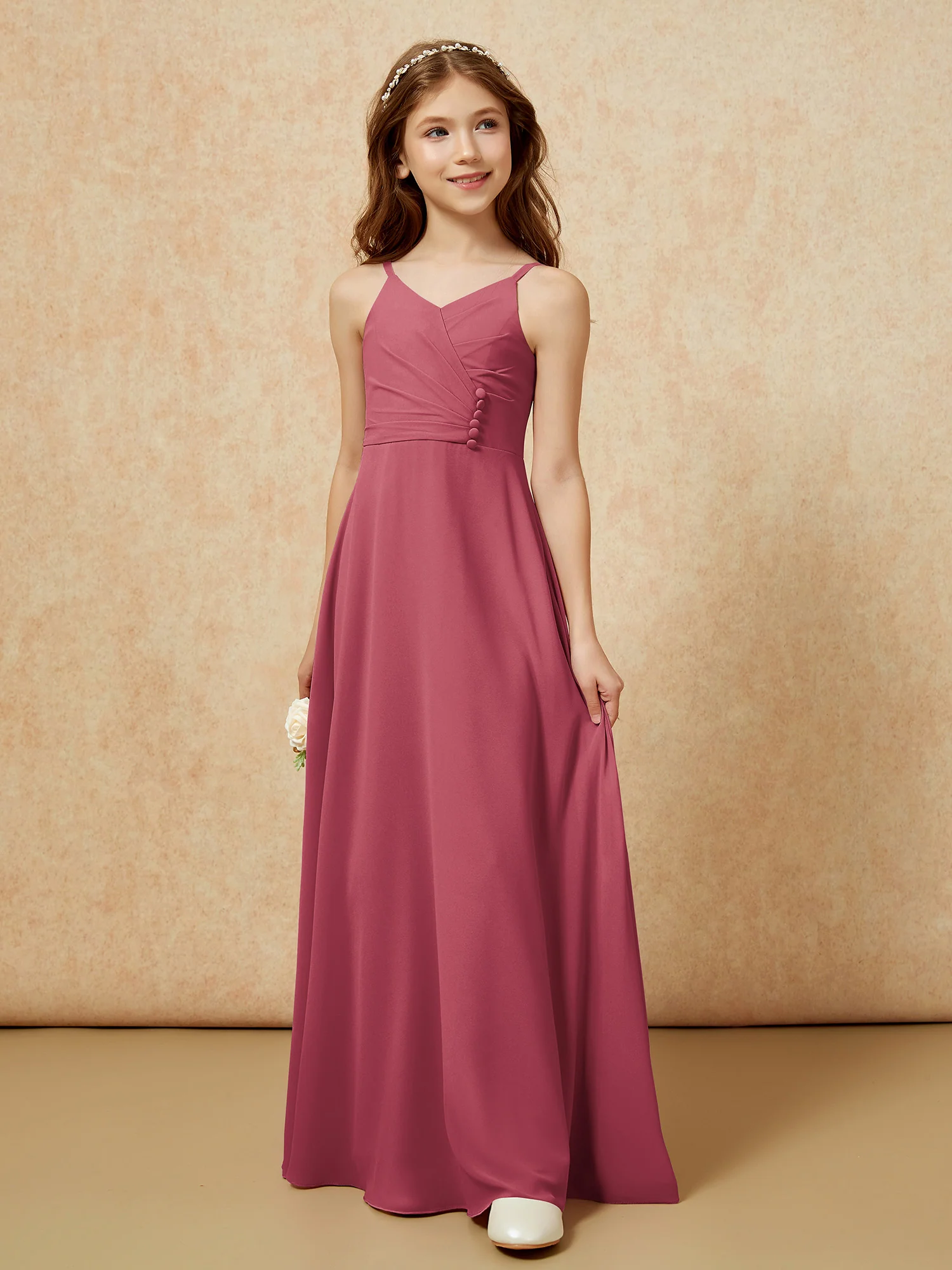 V-neck Pleated Chiffon Long Junior Bridesmaid Dresses Cinnamon Rose - Image 5