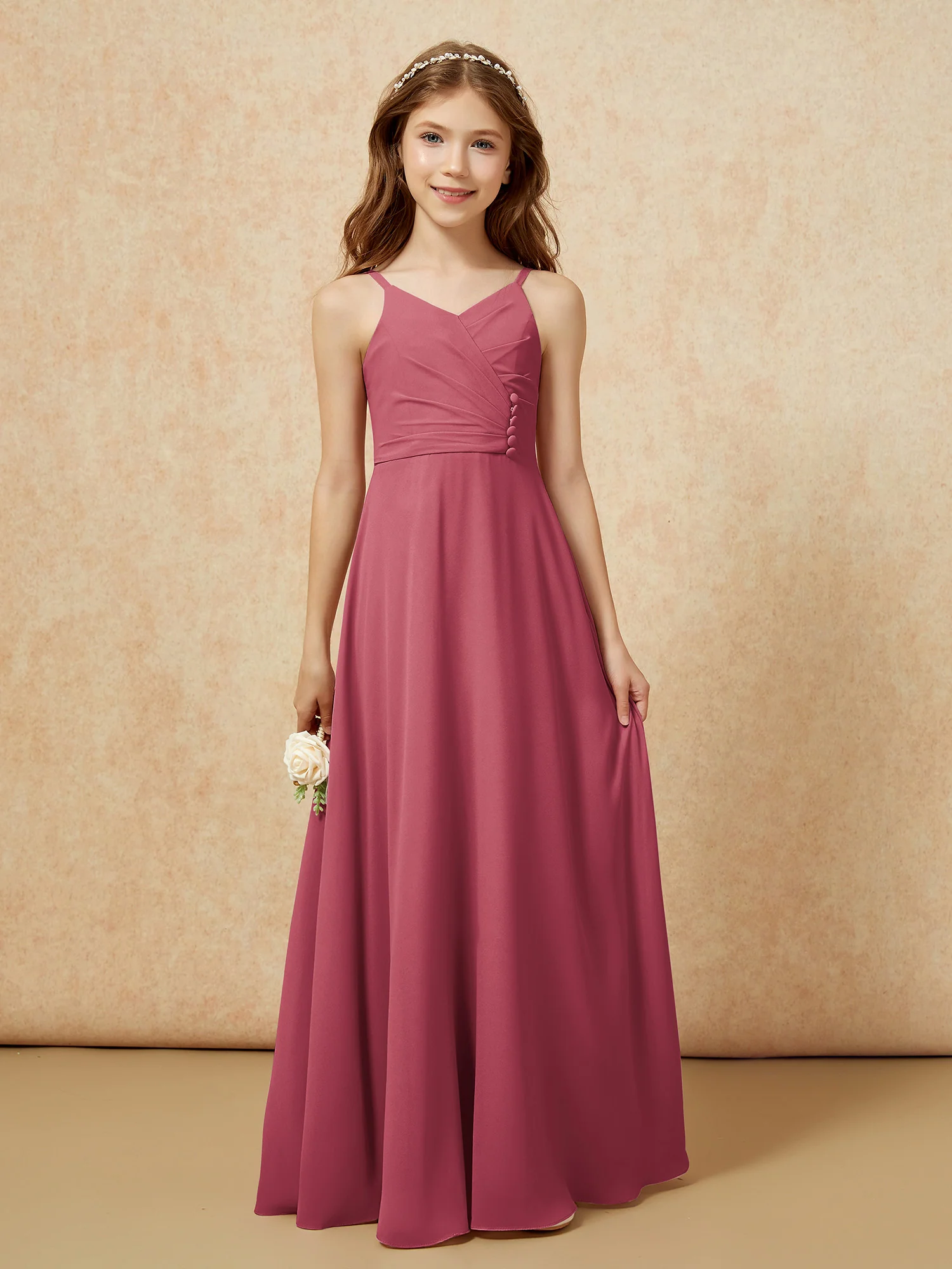 V-neck Pleated Chiffon Long Junior Bridesmaid Dresses Cinnamon Rose - Image 6