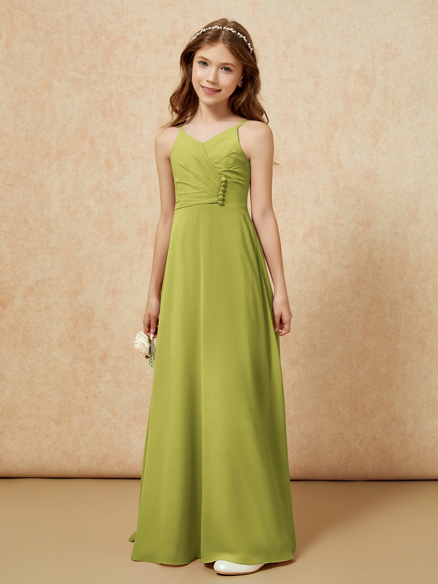 V-neck Pleated Chiffon Long Junior Bridesmaid Dresses Clover