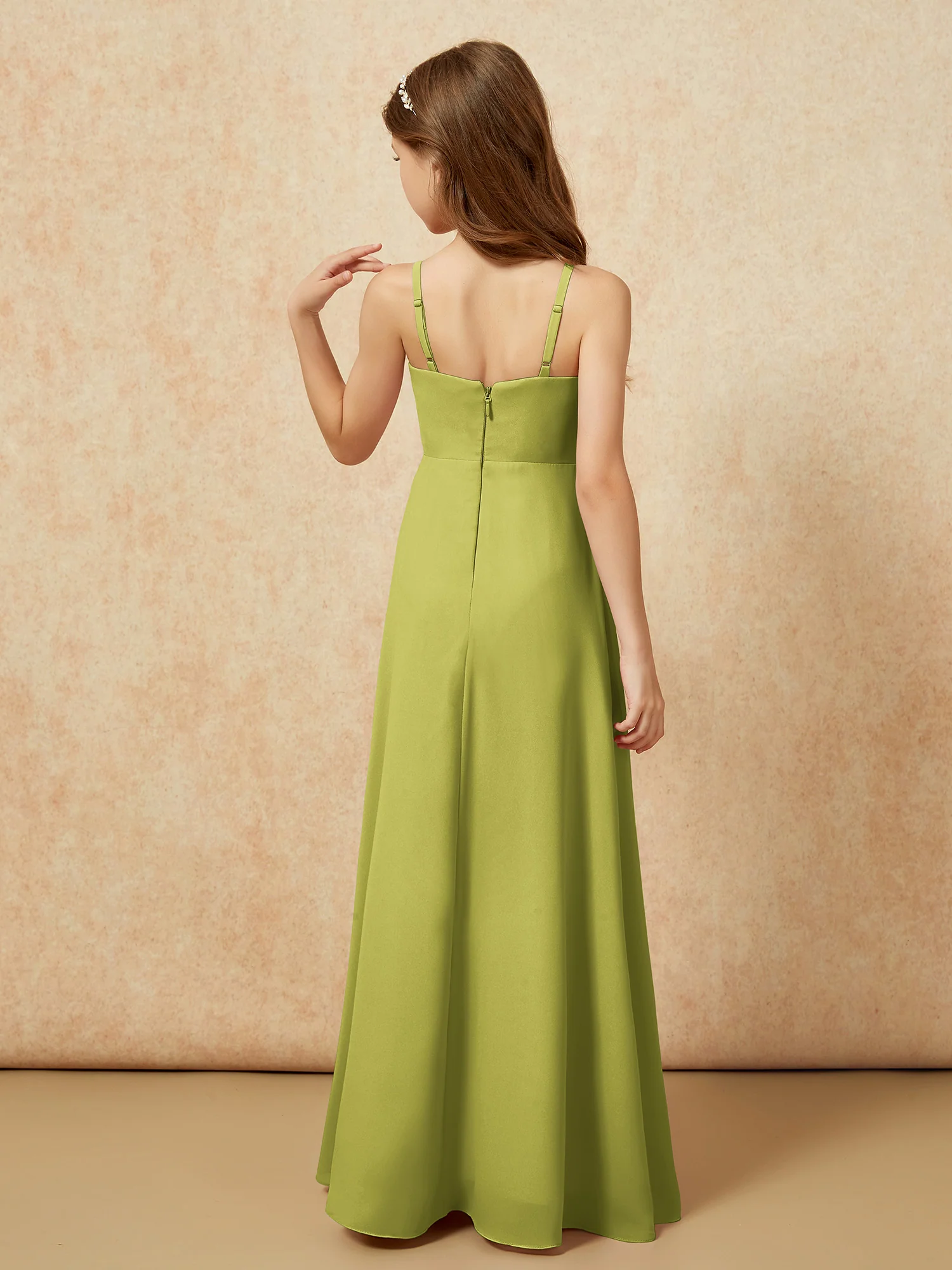V-neck Pleated Chiffon Long Junior Bridesmaid Dresses Clover - Image 2