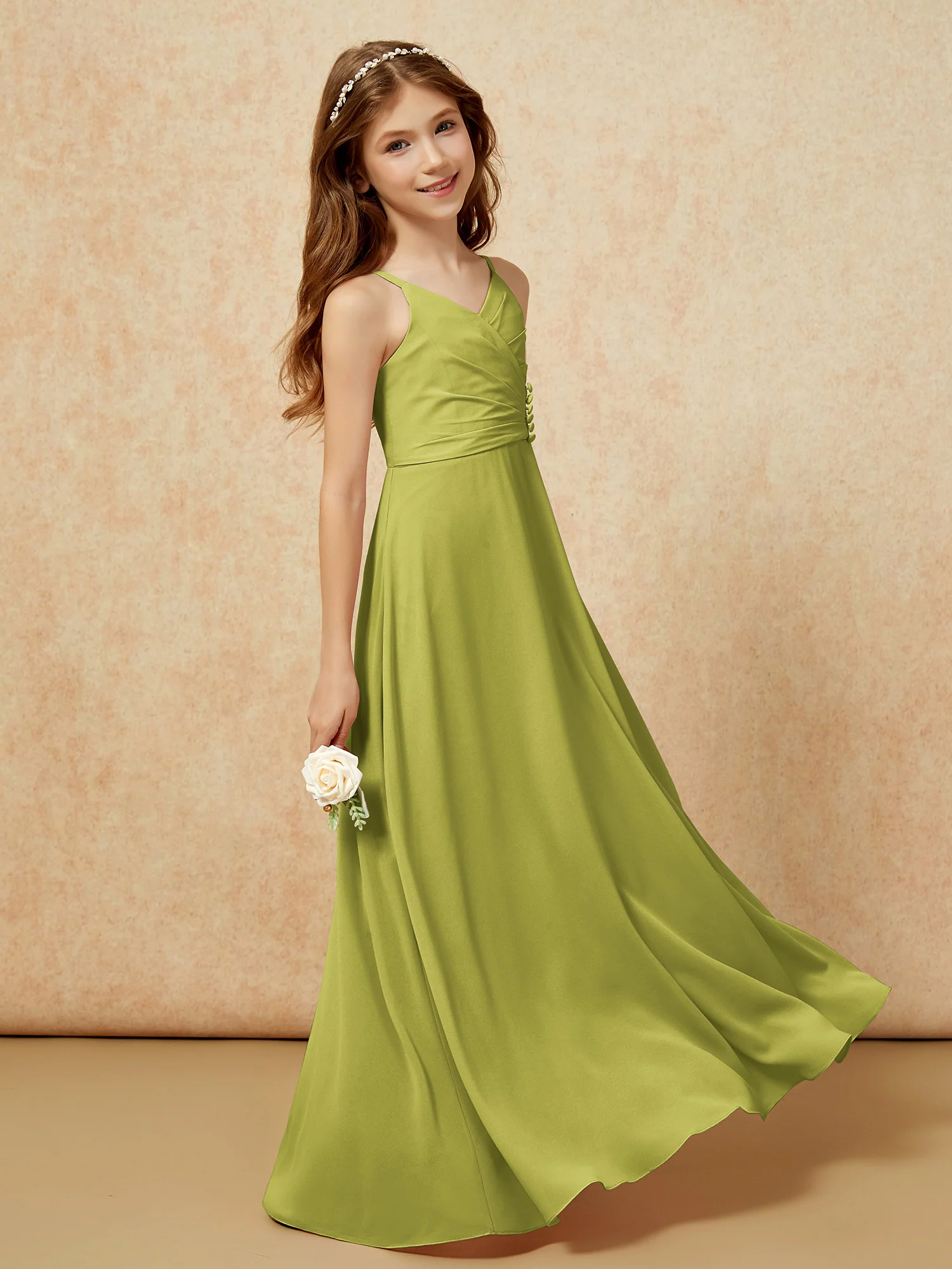 V-neck Pleated Chiffon Long Junior Bridesmaid Dresses Clover - Image 3