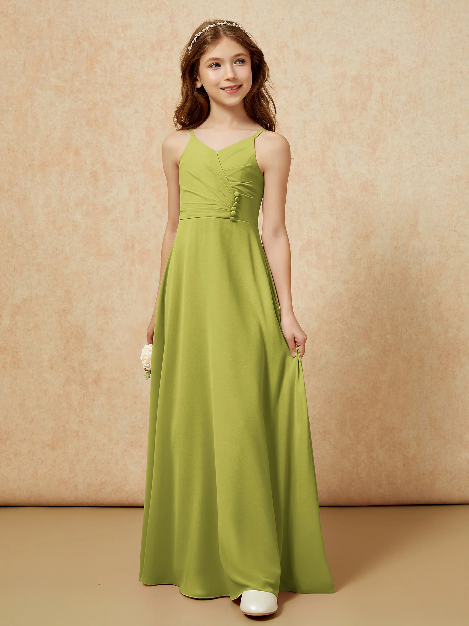 V-neck Pleated Chiffon Long Junior Bridesmaid Dresses Clover - Image 5