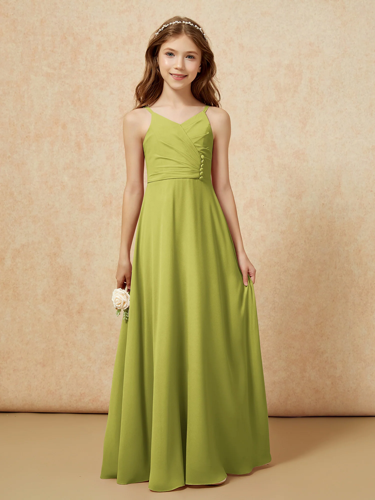 V-neck Pleated Chiffon Long Junior Bridesmaid Dresses Clover - Image 6