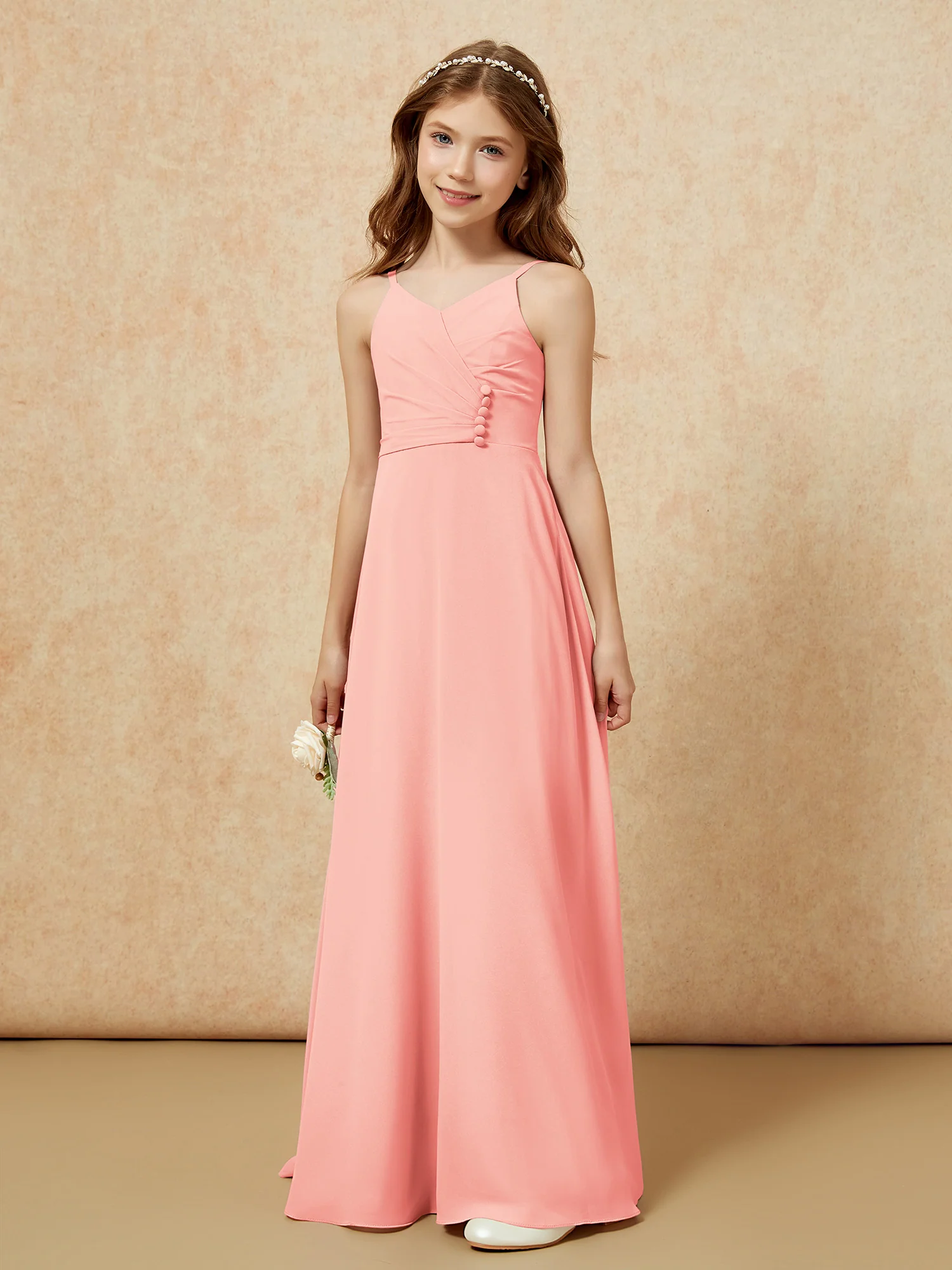 V-neck Pleated Chiffon Long Junior Bridesmaid Dresses Coral