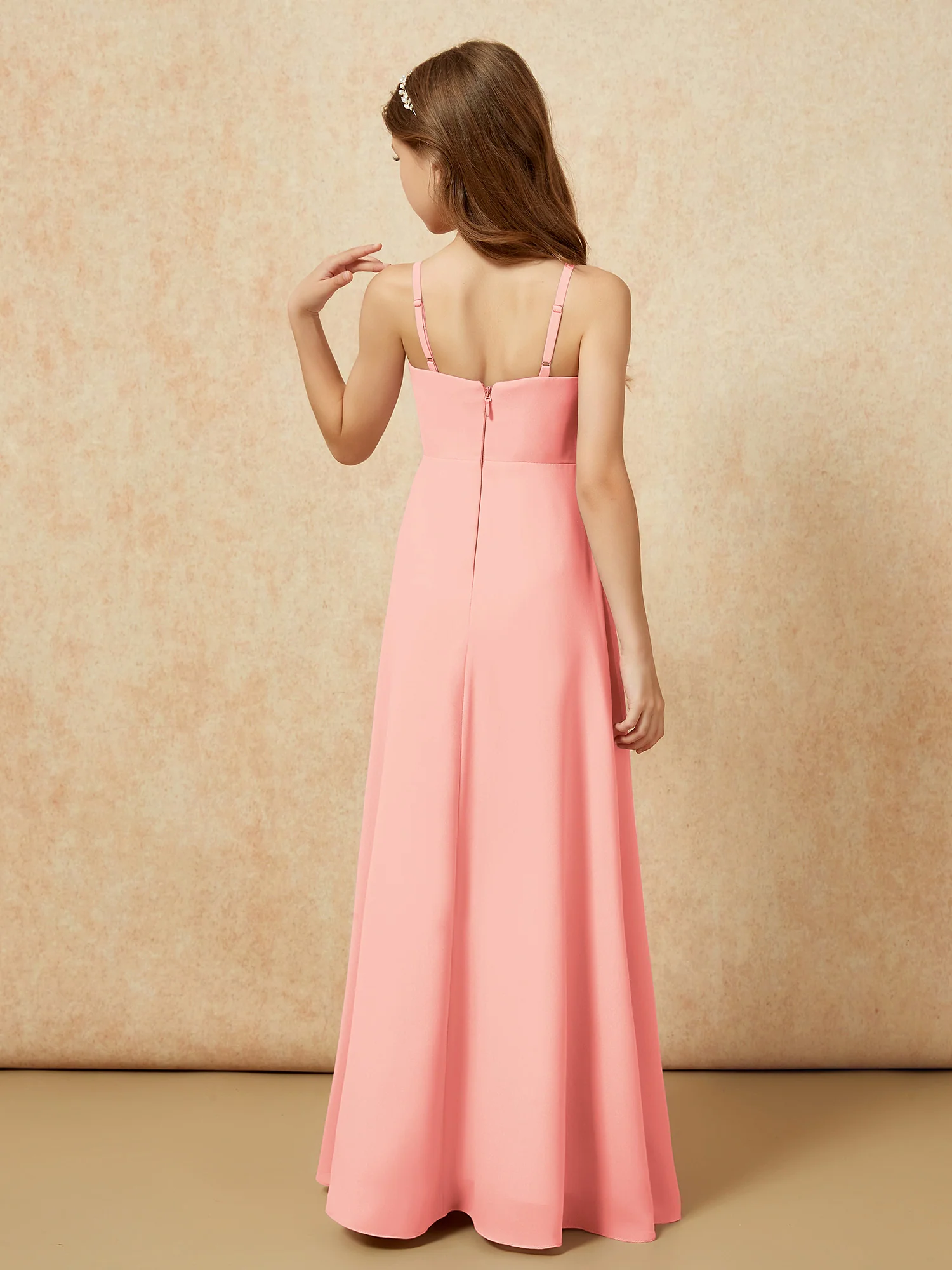 V-neck Pleated Chiffon Long Junior Bridesmaid Dresses Coral - Image 2