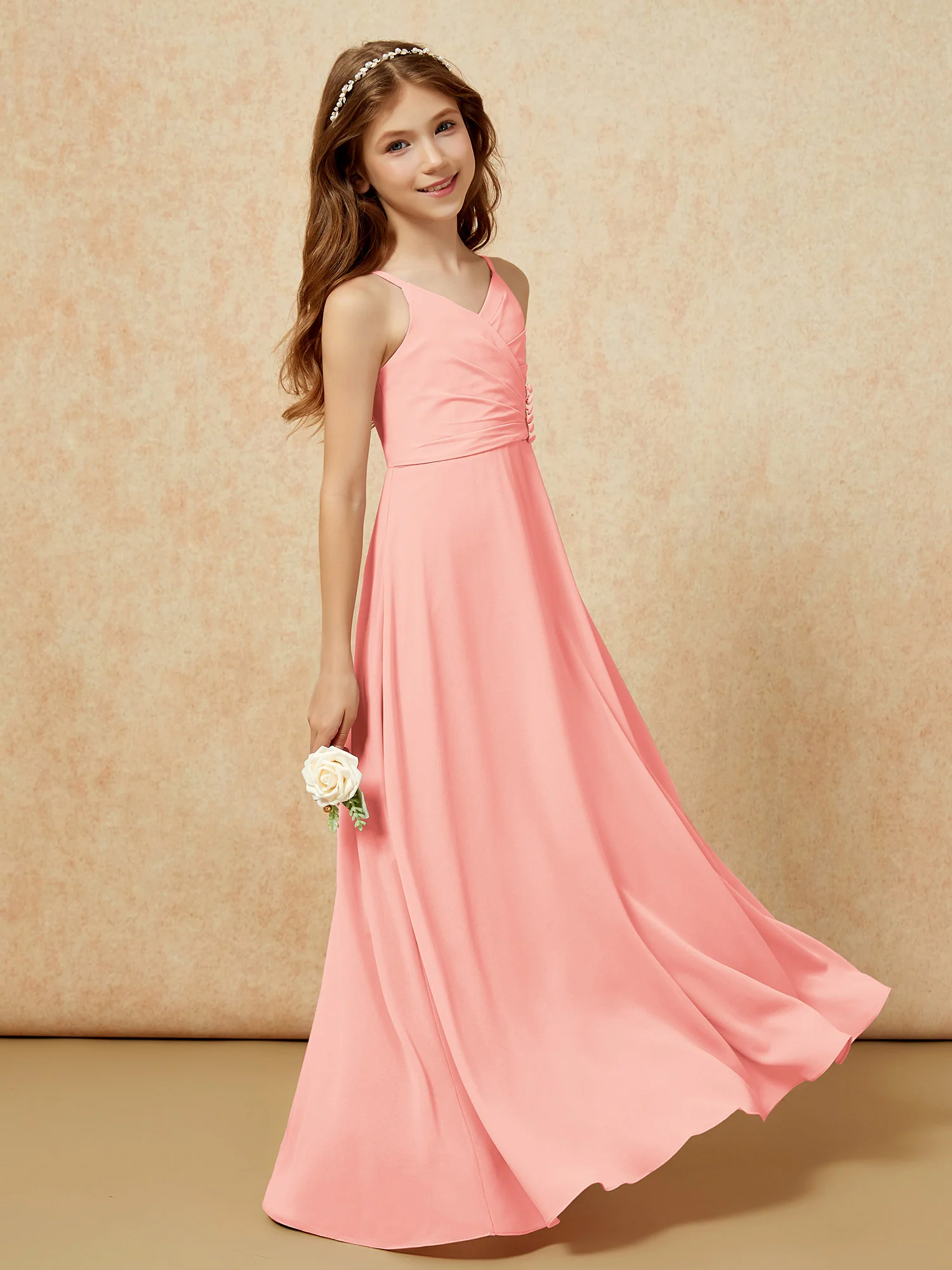 V-neck Pleated Chiffon Long Junior Bridesmaid Dresses Coral - Image 3