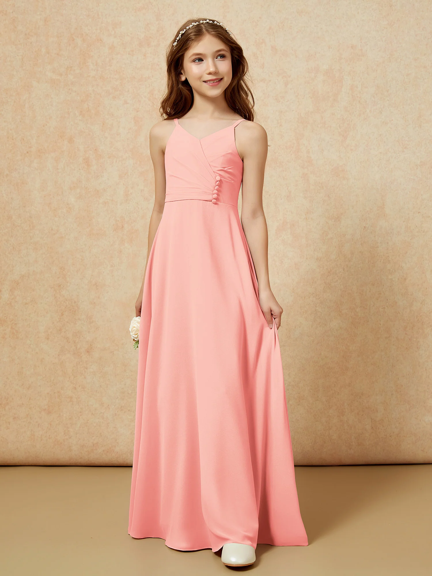 V-neck Pleated Chiffon Long Junior Bridesmaid Dresses Coral - Image 5
