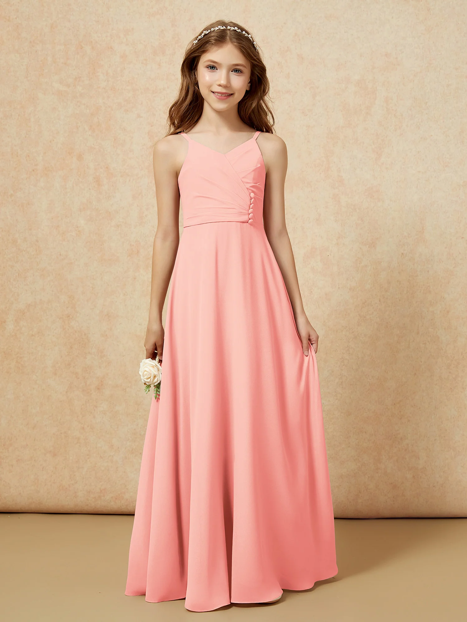 V-neck Pleated Chiffon Long Junior Bridesmaid Dresses Coral - Image 6