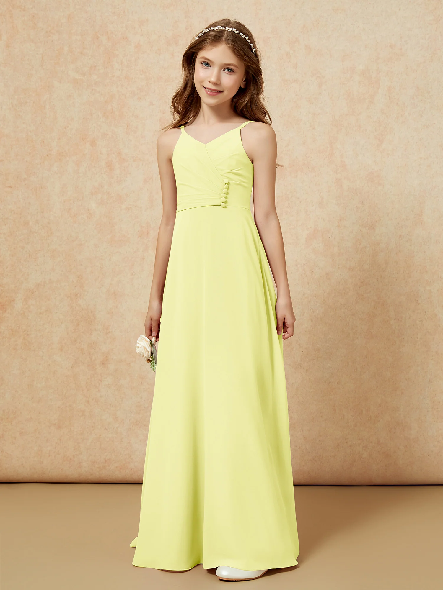 V-neck Pleated Chiffon Long Junior Bridesmaid Dresses Daffodil