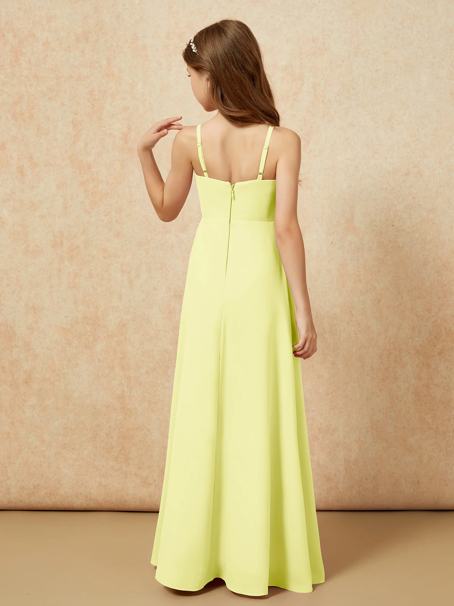 V-neck Pleated Chiffon Long Junior Bridesmaid Dresses Daffodil - Image 2
