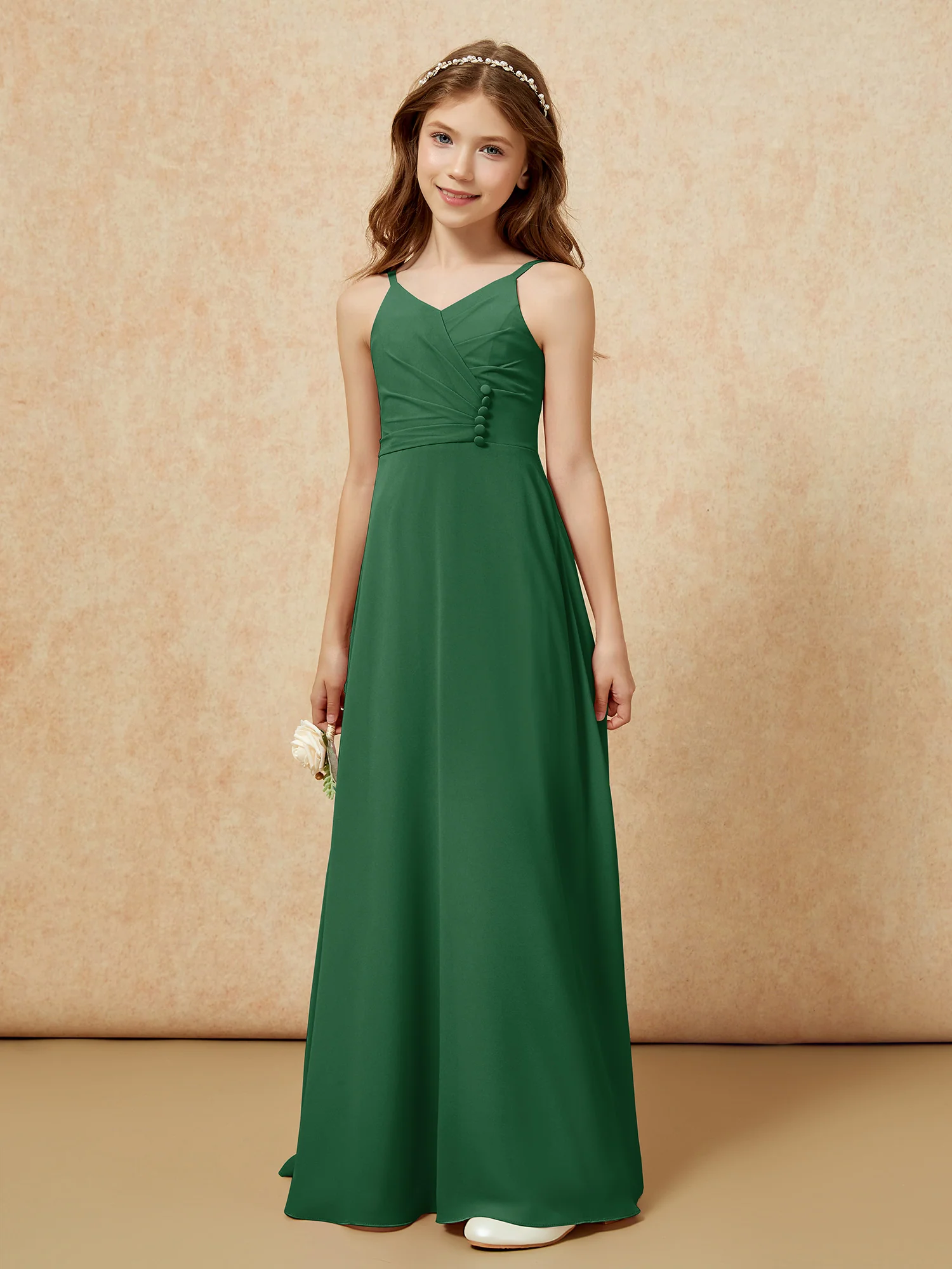 V-neck Pleated Chiffon Long Junior Bridesmaid Dresses Dark Green