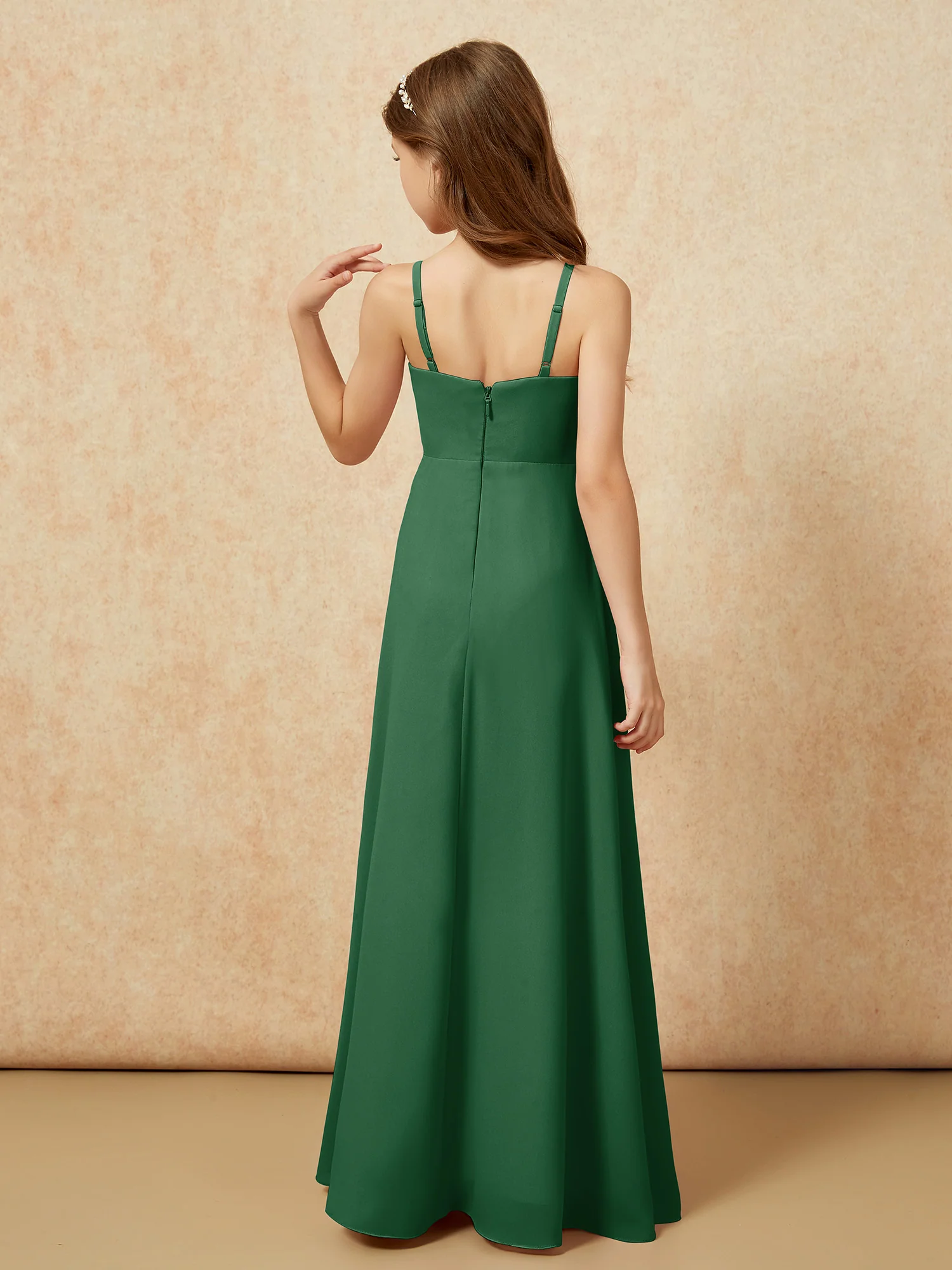 V-neck Pleated Chiffon Long Junior Bridesmaid Dresses Dark Green - Image 2