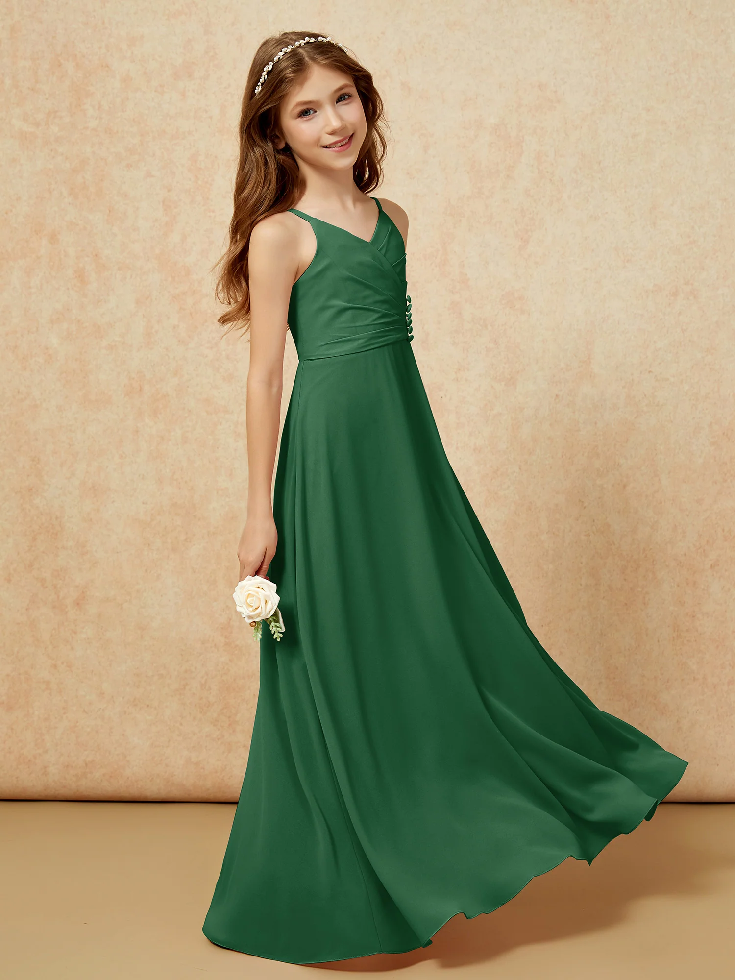 V-neck Pleated Chiffon Long Junior Bridesmaid Dresses Dark Green - Image 3