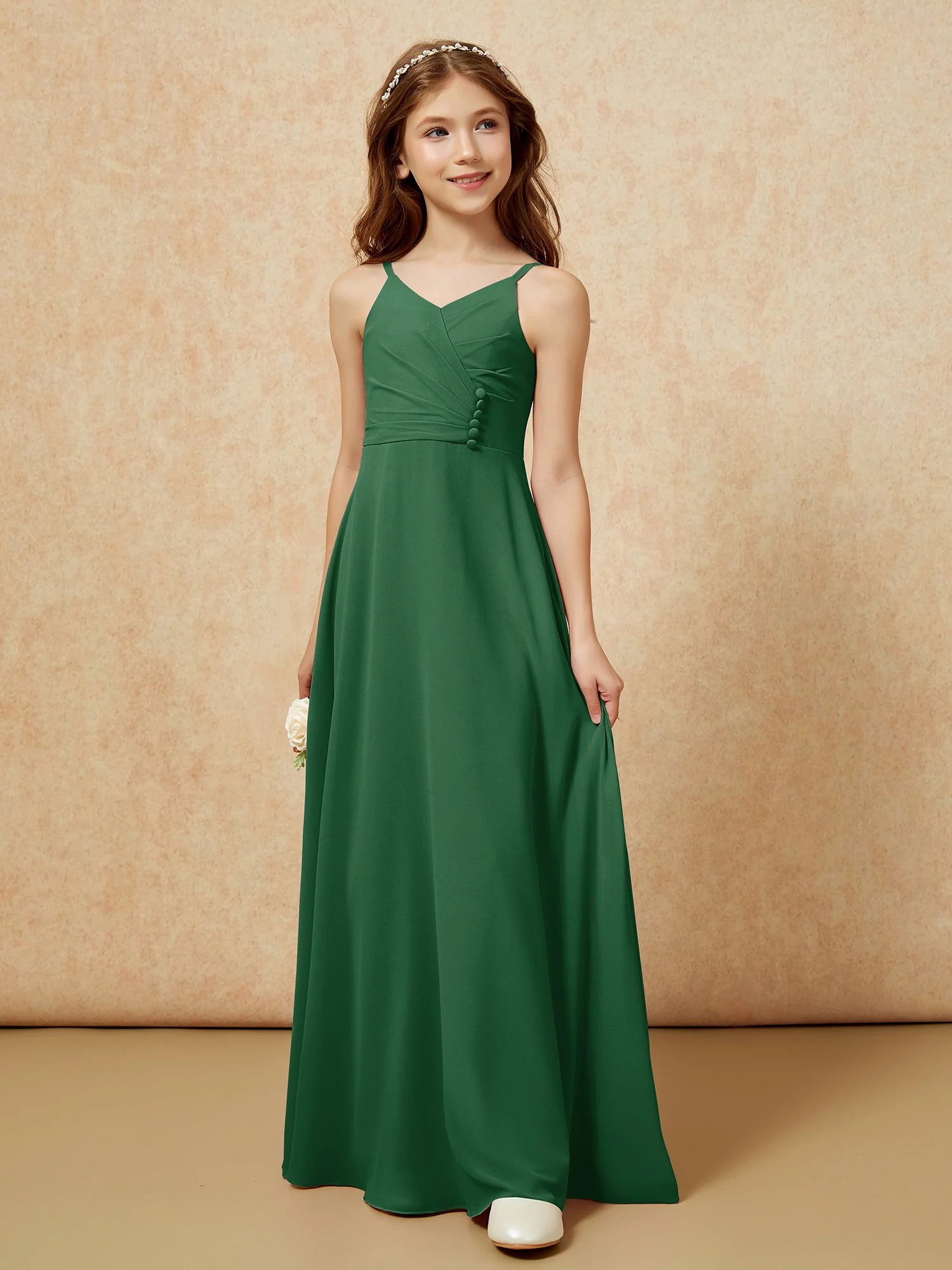 V-neck Pleated Chiffon Long Junior Bridesmaid Dresses Dark Green - Image 5